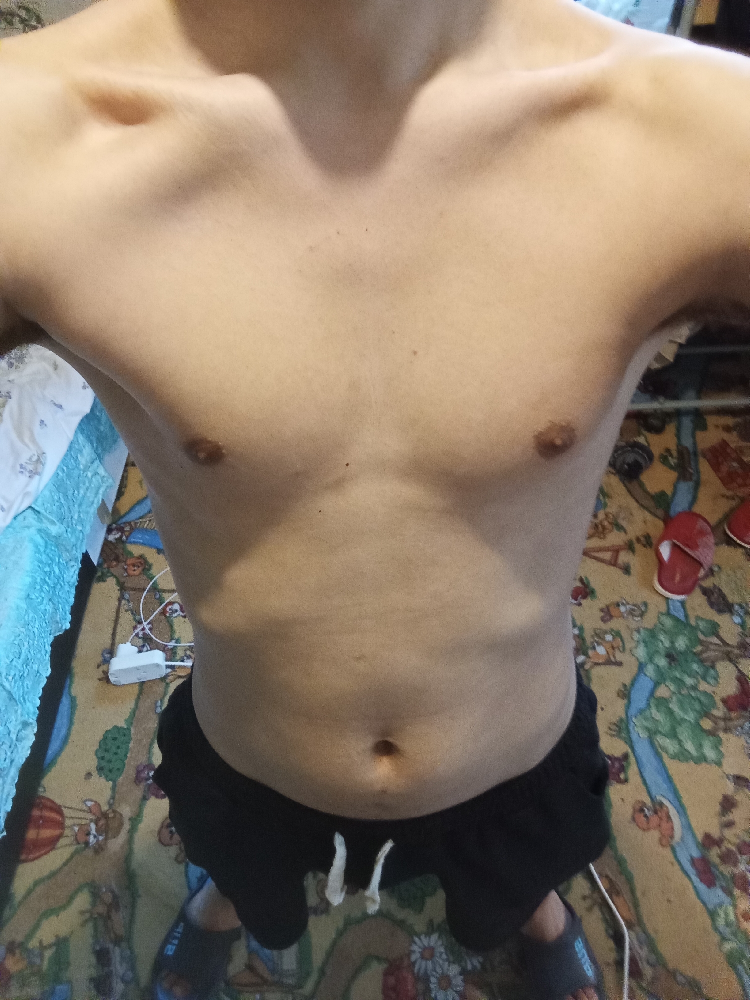 The image shows a close-up view of the bare torso of a person, from the collarbones down to the upper thighs. The person is wearing black shorts. The skin tone is light. Visible features include the shoulders, chest, nipples, and abdomen with an umbilical dimple. The background consists of a patterned rug and a light blue blanket on the left. The lighting is relatively uniform. There are no discernible landmarks or elements in the image that would allow for the determination of a specific location within Moscow, Russia.