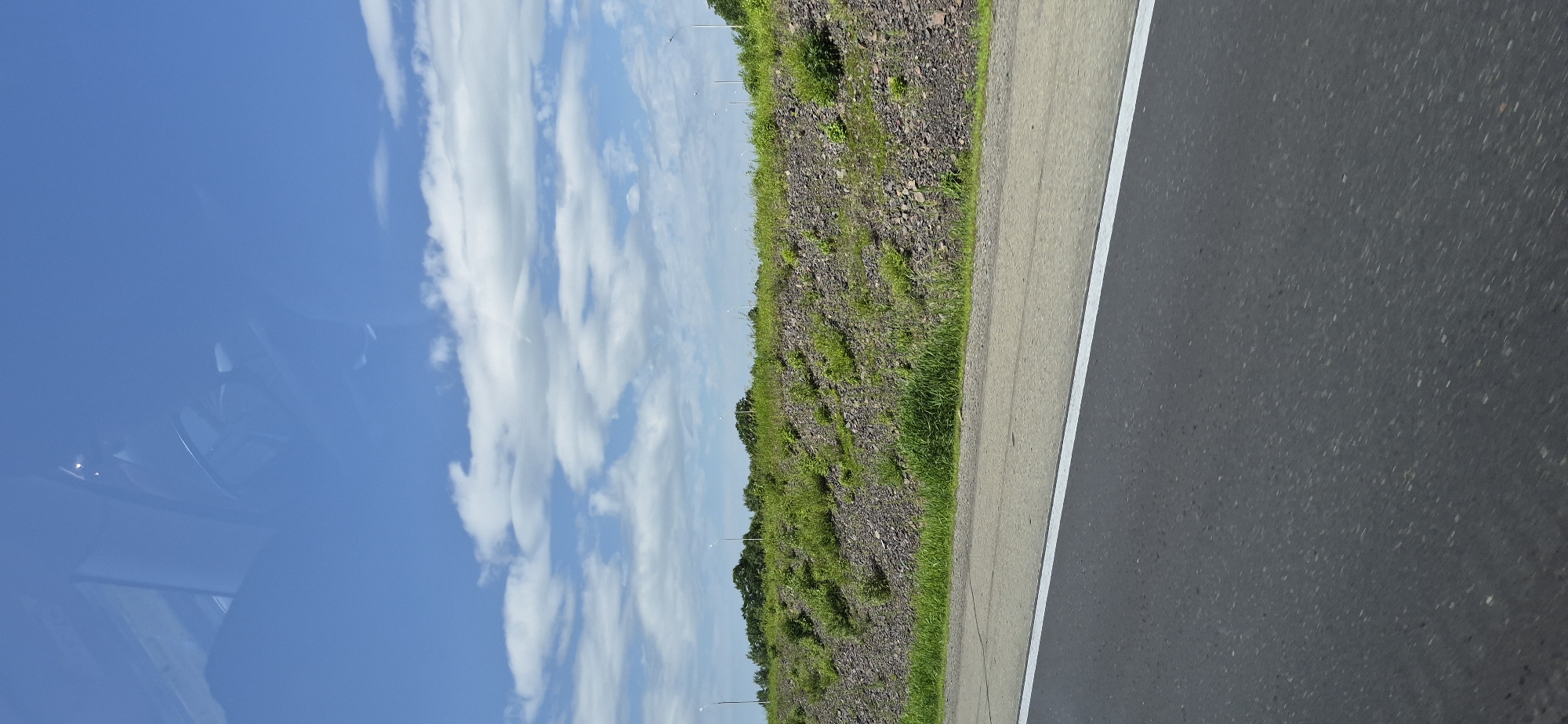 The image captures a view from a moving vehicle, likely on a highway or main road, with the asphalt road surface occupying the lower portion of the frame. A white line demarcates the lane. To the left of the road, a steep, rocky embankment is covered with sparse green vegetation. Beyond the embankment, a line of trees forms a horizon against a bright blue sky dotted with scattered white clouds. Several tall, thin lamp posts are visible along the top of the embankment. Reflections are visible in the upper part of the image, suggesting the photo was taken through a window. The overall scene depicts a natural roadside landscape under a clear sky. No people or specific city landmarks of Gorodechnoe, Russia are identifiable in this image.