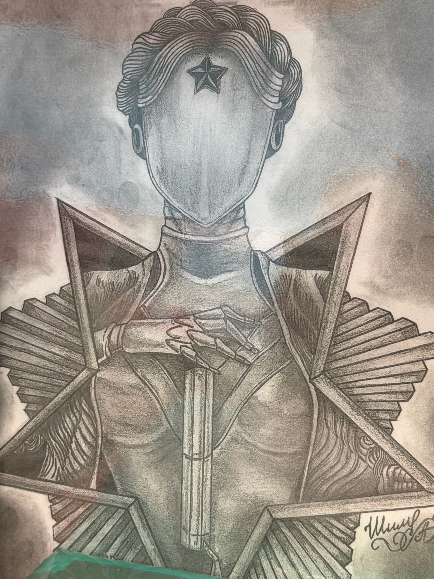 This is a pencil drawing of a stylized, faceless figure wearing a uniform with a star emblem on its forehead. The figure has its hands clasped over a long object resembling a rifle or a baton. The drawing has a somewhat surreal and imposing quality, with sharp geometric shapes forming part of the uniform and a textured, cloudy background. A signature appears in the lower right corner. The image does not depict any recognizable location in Moscow, Russia.