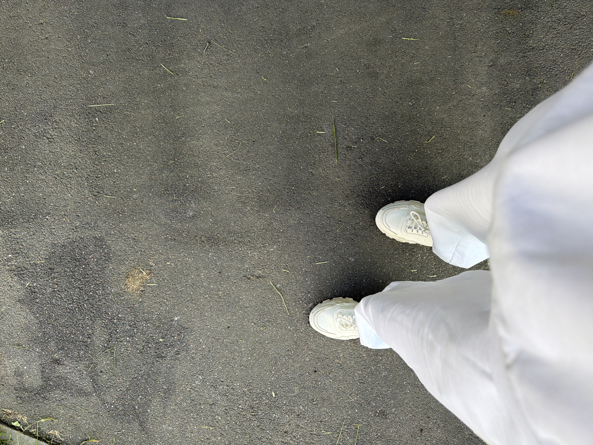 A high-angle shot captures a person's feet wearing white sneakers and white pants, standing on an asphalt surface. The asphalt is dark gray with some small stones and scattered blades of dry grass and a clump of dry grass. The lighting suggests it is daytime. The location is unknown.