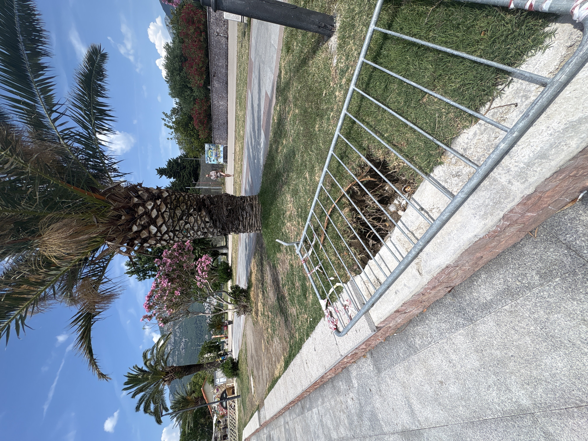 A metal barrier is placed over a large hole in the ground, which appears to be an eroded area. The barrier is made of interconnected metal bars and has red and white tape tied to its sides. The hole is in a grassy area next to a stone walkway and a low stone wall. There are palm trees and other vegetation visible in the background, as well as a street and some buildings. The sky is blue with some clouds. The scene appears to be in a public area, possibly a park or along a promenade, located in Bar, Montenegro.
