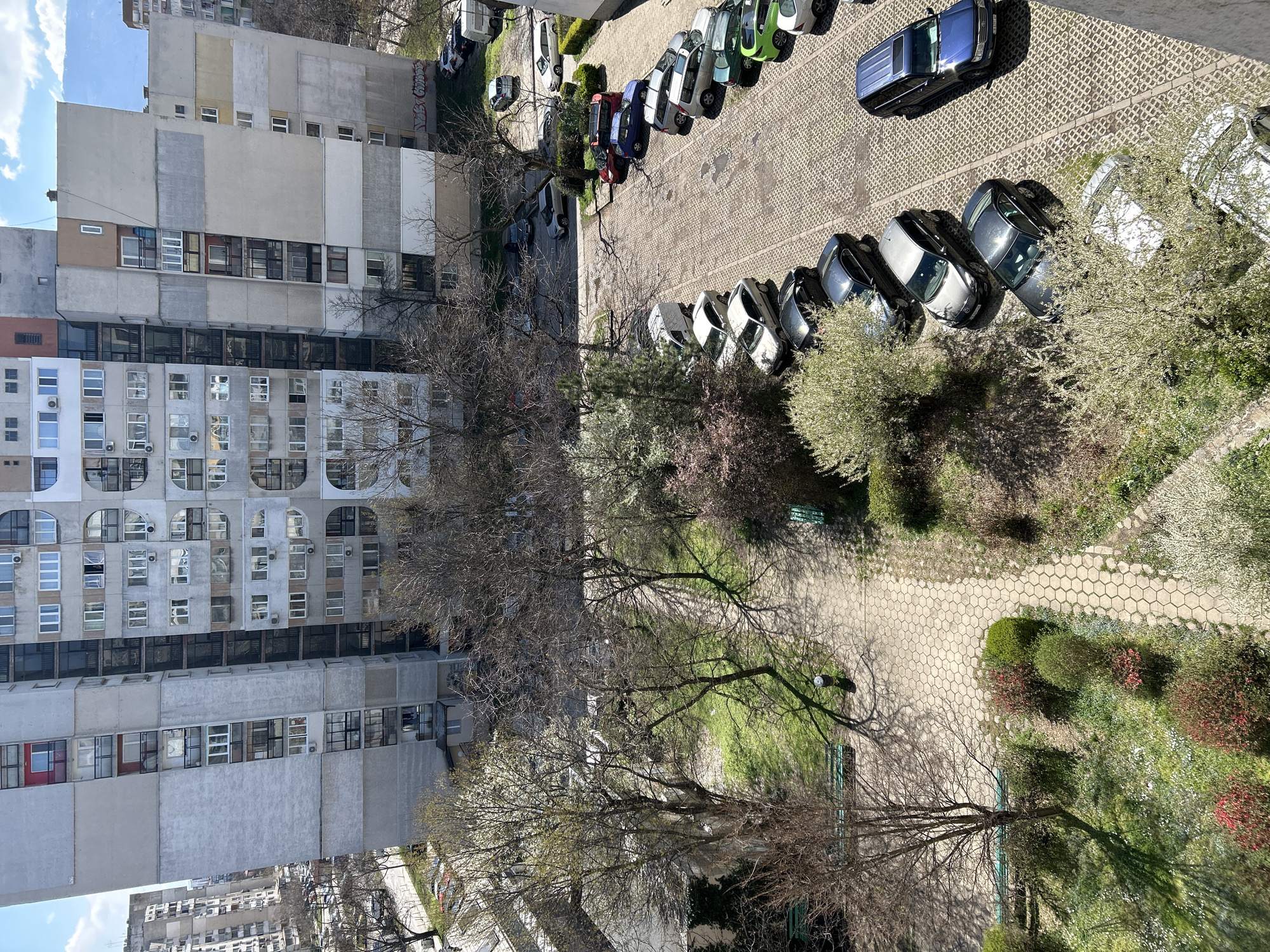 The image is an elevated view of a courtyard area adjacent to apartment buildings. A gray apartment building with repetitive window units is visible on the left, while another apartment building is visible in the upper left corner. The courtyard features a paved walkway in a hexagonal pattern, landscaping including trees, grass, and bushes. A line of parked cars occupies a paved area beyond the greenery. Shadows from the trees are cast upon the walkway. A person is walking with a pet on the walkway in the courtyard. Based on the architectural style, foliage, and urban setting, the location is likely Sofia, Bulgaria.