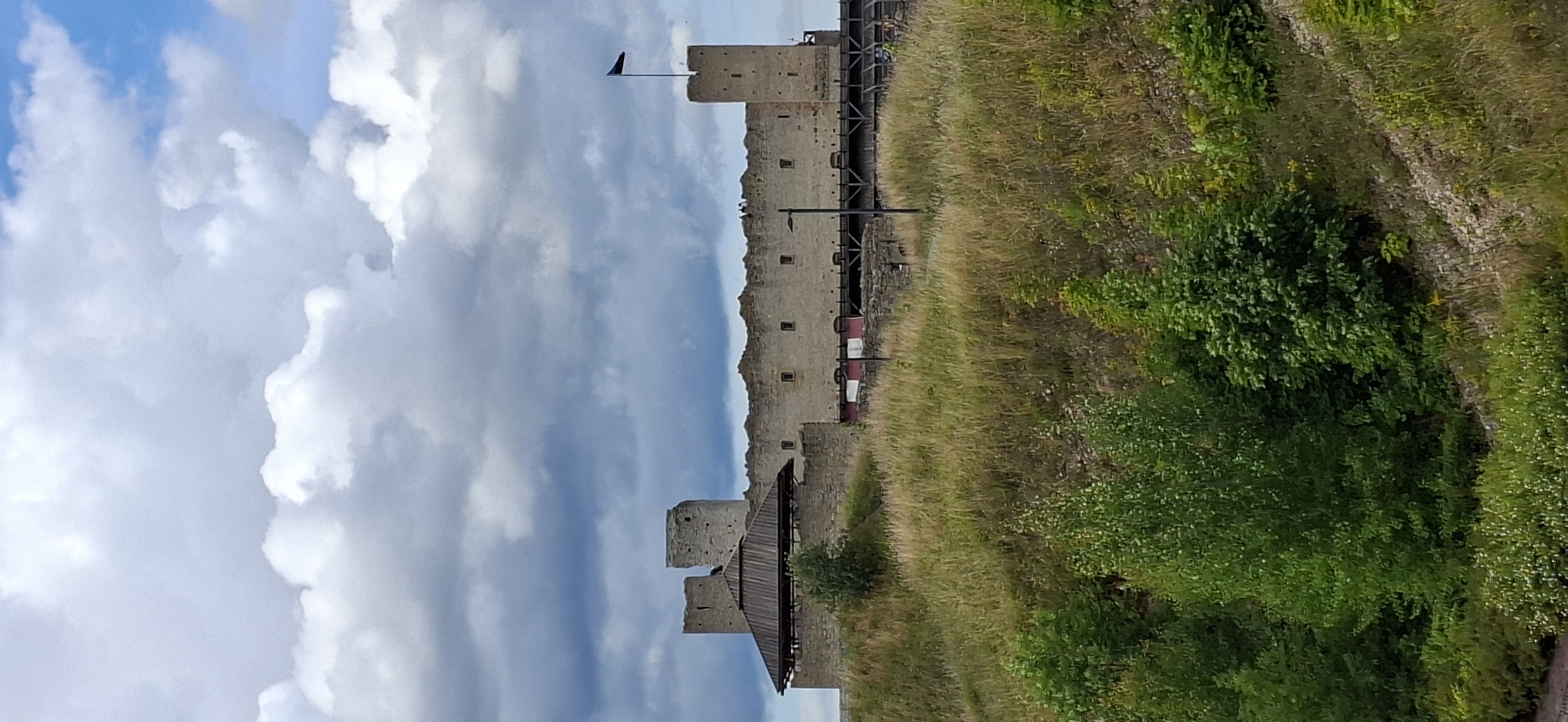 The image shows the Rakvere Castle in Rakvere, Estonia. The castle is a medieval fortress located on a hill. It is constructed of stone and has several towers and walls. A wooden roofed structure is visible on the left side of the castle, and a black flag flies from a tower on the right. The castle is surrounded by a grassy hill with some trees. The sky is partly cloudy, with dramatic clouds.