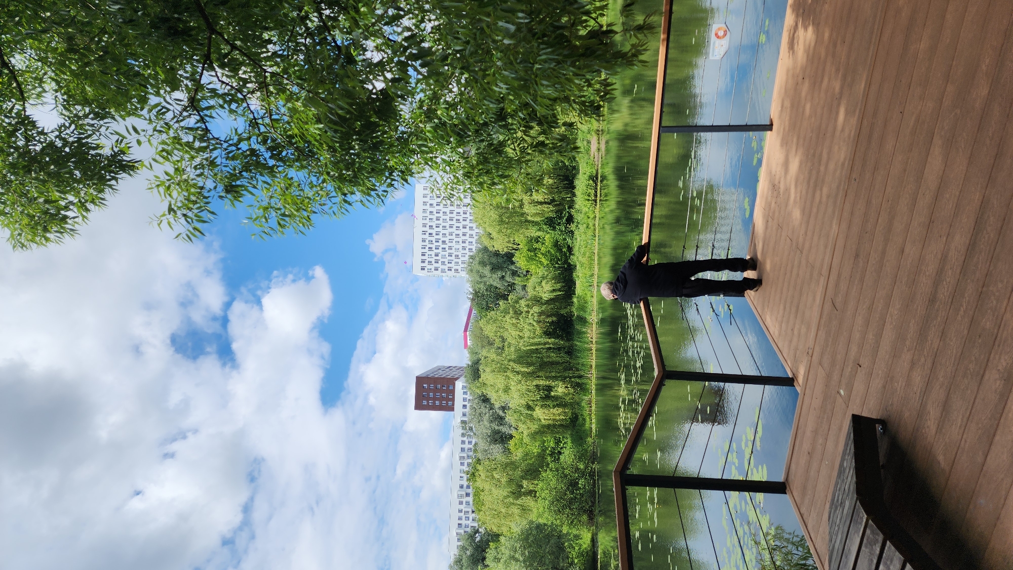 A person stands on a wooden deck, facing a calm body of water. The deck has a dark railing with thin horizontal cables. A wooden lounge chair is visible on the left side of the deck. The water is dotted with lily pads and reflects the surrounding greenery. In the background, a dense line of trees, including weeping willows, separates the water from modern, multi-story buildings. The sky is blue with scattered white clouds. The scene is peaceful and depicts an urban park environment, likely within Moscow, Russia, given the architectural style of the buildings.