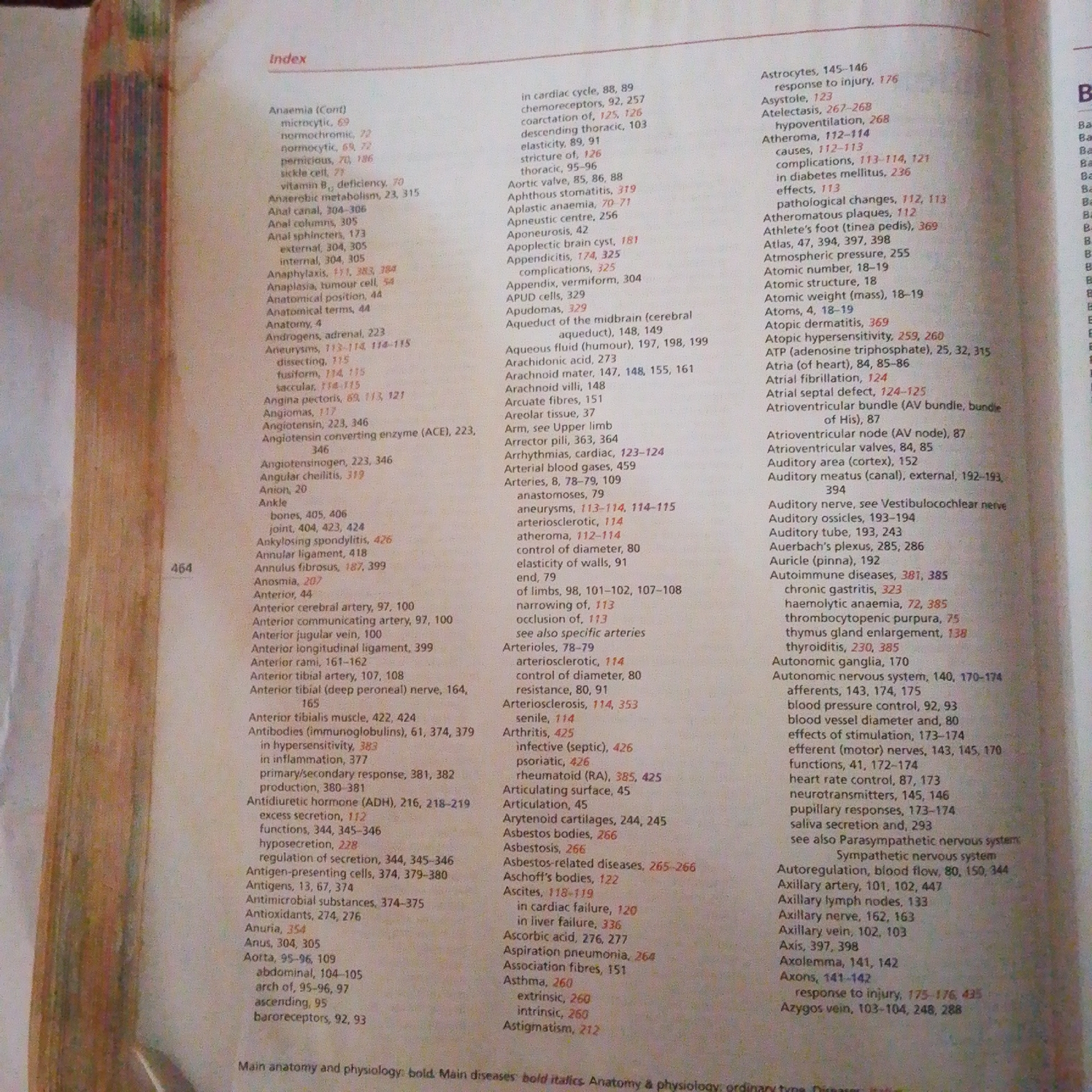 The image provided is a scanned page from an index section of a book, featuring columns of text with alphabetical entries and corresponding page numbers. The text is primarily black, with some entries in red to denote specific categories like diseases. The paper appears aged, with a slightly yellowed hue. The index includes terms related to medical and anatomical subjects, such as "Anaemia," "Angina pectoris," "Arteries," and "Autonomic nervous system." The overall presentation is that of a typical book index, organized for easy reference. There is no information within the image that relates to the city of Jalingo, Nigeria, or any real-world scene.