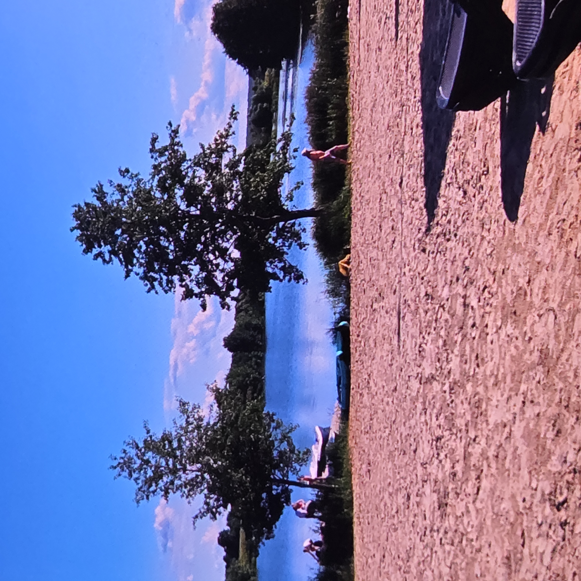 The image depicts a sandy beach area adjacent to a body of water, likely a lake or river. The sky is a bright blue with scattered white clouds. Two trees with green foliage are visible on the left and right sides of the frame, with a third, larger tree in the center.
Several people are present on the beach and near the water's edge. On the far left, two individuals are seated near the water. To their right, another person is standing and looking towards the water. In the center of the image, a white boat is pulled up onto the shore, with a person standing beside it. To the right of the boat, a blue kayak is partially visible. Further to the right, a person in athletic attire is walking along the beach. In the foreground, two dark objects, possibly parts of a vehicle or seating, are present on the sand, casting long shadows.
The overall scene suggests a warm, sunny day at a recreational area. This description does not provide information about the location being in the city of Vladimir, Russia, as that detail is not visually inferable from the image.