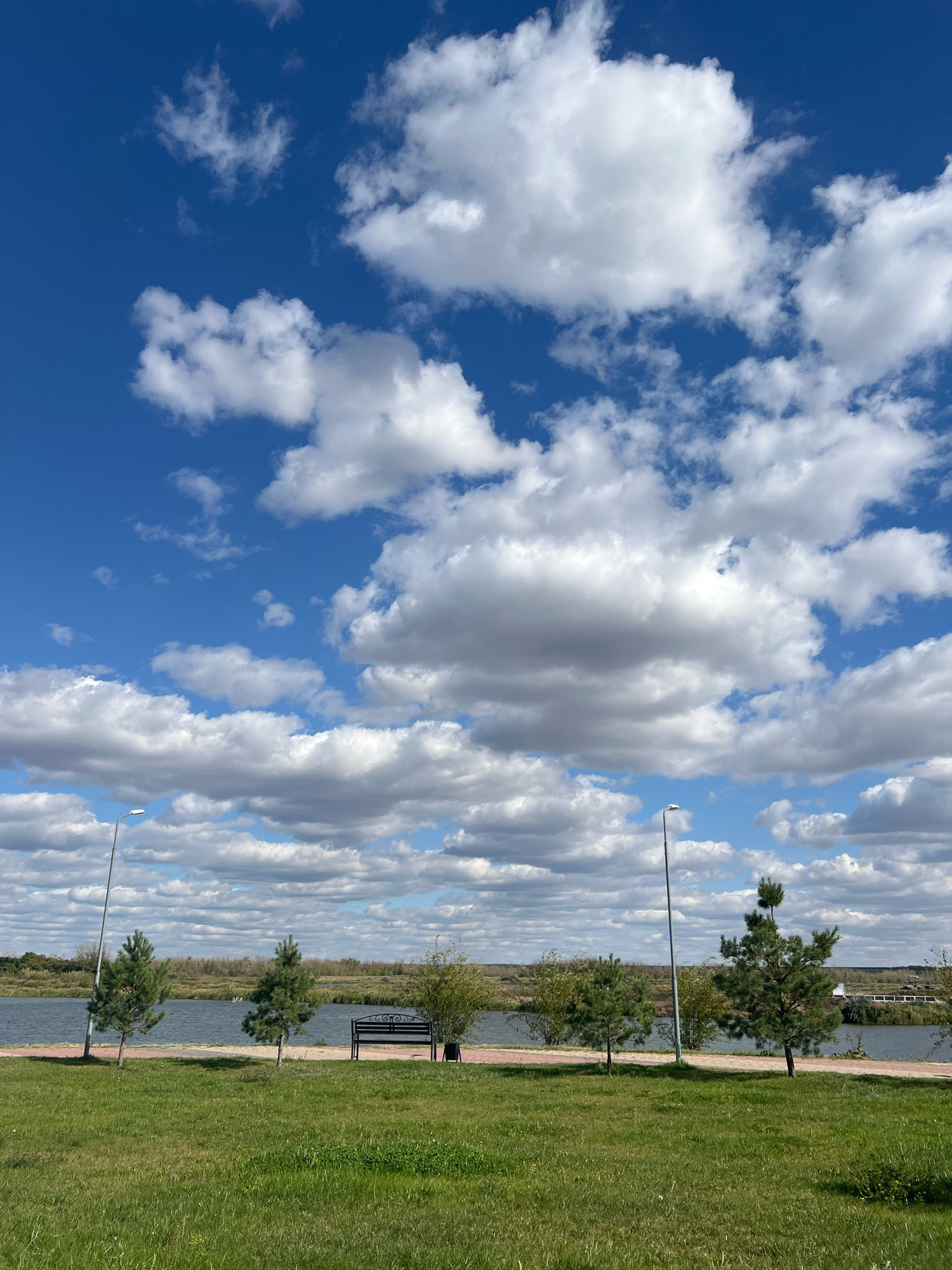 The image captures a serene outdoor scene in Kostanay, Kazakhstan, featuring a body of water, a well-maintained grassy area, and a bright blue sky dotted with fluffy white clouds. In the foreground, a lush green lawn stretches out, with a paved walkway running parallel to the water's edge. Along the walkway, several small evergreen trees and a bench with an ornate metal back are visible. A street lamp stands tall near the left side of the walkway, and another is positioned further down on the right. The water, likely a river or lake, appears calm, reflecting the sky. Beyond the water, a distant treeline and some structures can be seen under the expansive sky. The overall impression is one of tranquility and natural beauty within an urban or suburban park setting.