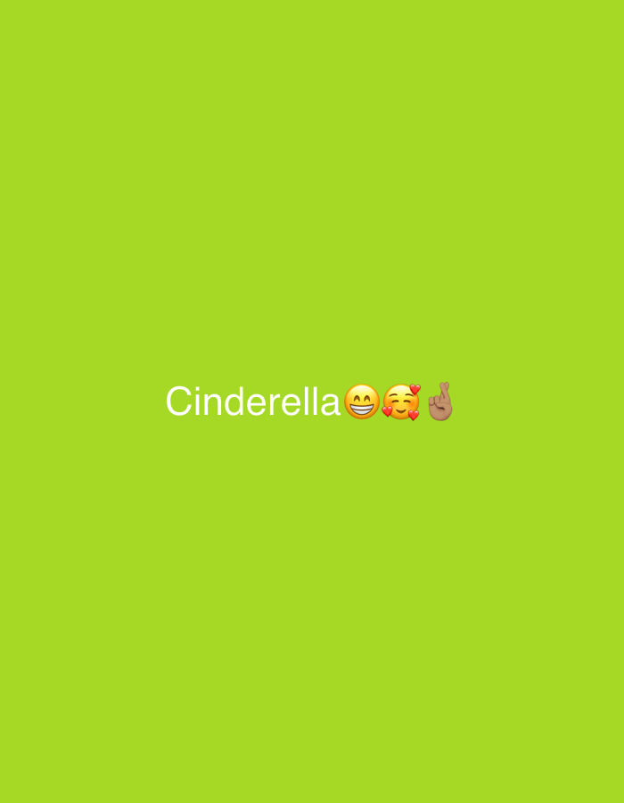 The image is a digital graphic. It features the word "Cinderella" in white font, followed by three emojis: a grinning face with big eyes, a smiling face with heart eyes, and a hand with crossed fingers. The background color is a light green. The image appears to be text and symbols overlaid on a solid color background and does not depict any real-world location. As such, it cannot be located in Barden Yana, Nigeria.