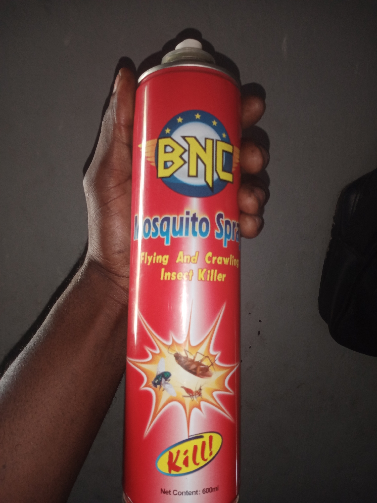 A hand holds a red aerosol can of "BNC Mosquito Spray - Flying And Crawling Insect Killer." The can features a circular logo with "BNC" in large yellow letters with wings on either side, set against a blue background with yellow stars. Below the logo, "Mosquito Spr" is visible in blue lettering. The can also displays an illustration of insects, including a cockroach, a fly, and a mosquito, exploding outwards from a yellow starburst. At the bottom of the can, the word "Kill!" is written in yellow within an oval shape, and the text "Net Content: 600ml" is visible. The background is a plain, dark grey wall, suggesting an indoor setting. The lighting is somewhat dim, casting shadows from the hand and the can onto the wall. The image appears to be taken in Jalingo, Nigeria, though there are no specific visual cues in the image itself to confirm this location context. The overall impression is of a product being presented or advertised.