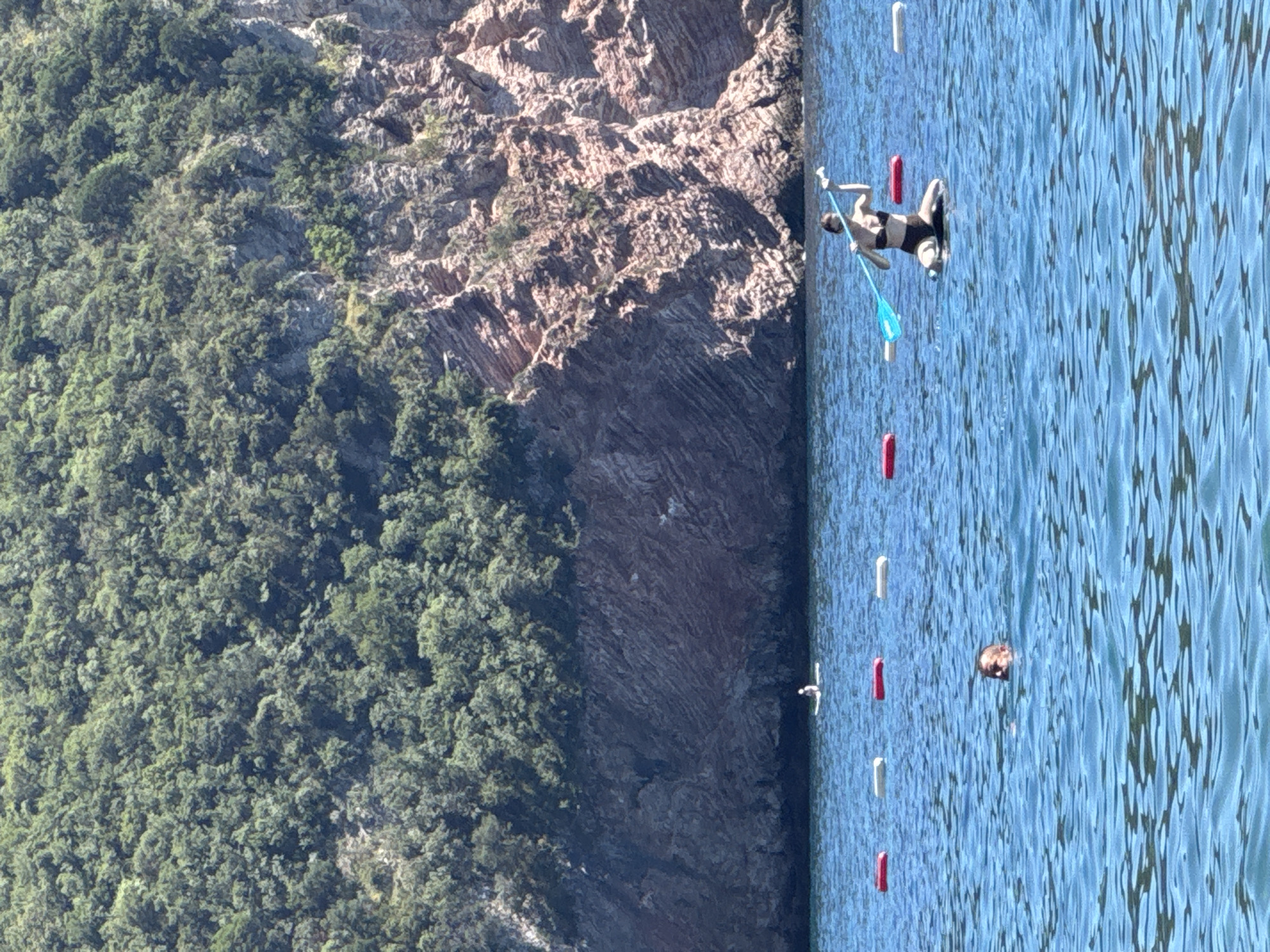 In a bright, sunny scene, a body of water is dotted with a few people engaged in water activities. In the foreground, a person's head and shoulders emerge from the blue water, looking towards the right. Further back, a person on a stand-up paddleboard is kneeling and holding a paddle. In the middle distance, another person is visible on a small paddleboard. A line of buoys separates the foreground from the further parts of the water. Behind the water, a steep, rocky cliff face rises, covered in dense green foliage. The cliff has distinct horizontal striations, suggesting layered rock. The sky is a clear, pale blue.