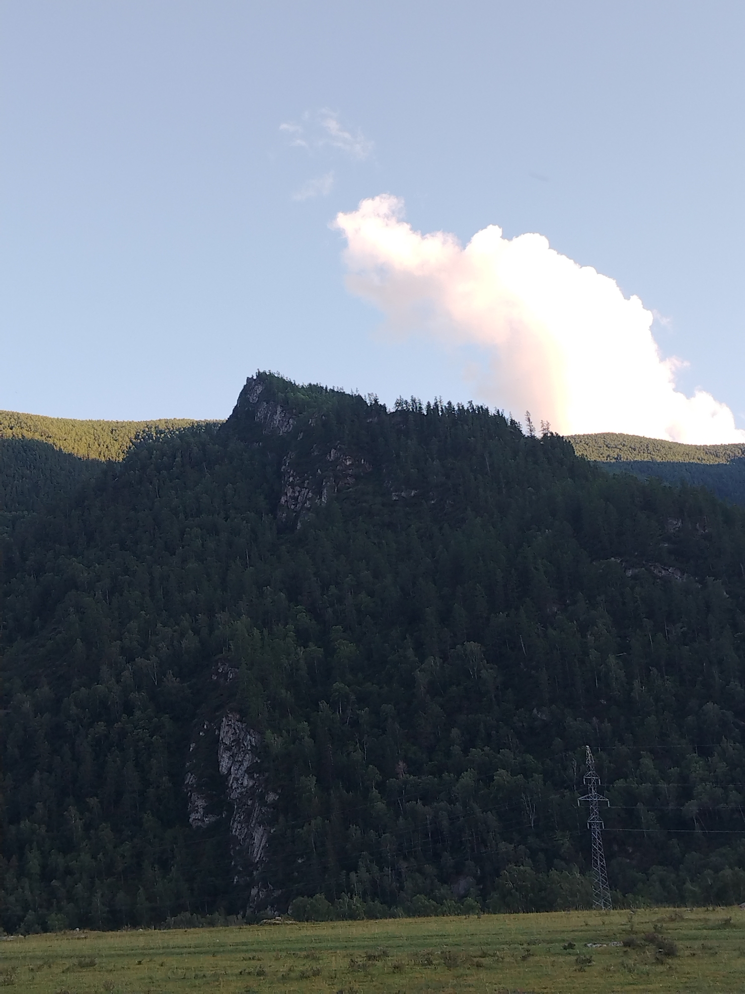 The image depicts a vast mountain range covered in dense, dark green coniferous forest. The mountain has steep, rocky outcrops visible through the trees, particularly on the prominent peak in the center of the frame. A solitary, tall, metallic electricity pylon stands on the lower slopes of the mountain, to the right of the frame. In the foreground, a green, grassy field stretches across the bottom of the image. The sky above is a clear blue, with a single, large, fluffy white cloud illuminated by sunlight, casting a soft glow and tinged with pink and yellow. The scene appears to be set in the natural landscape surrounding Iodro, Russia, characterized by its mountainous terrain and extensive forests. No people are visible in the image.