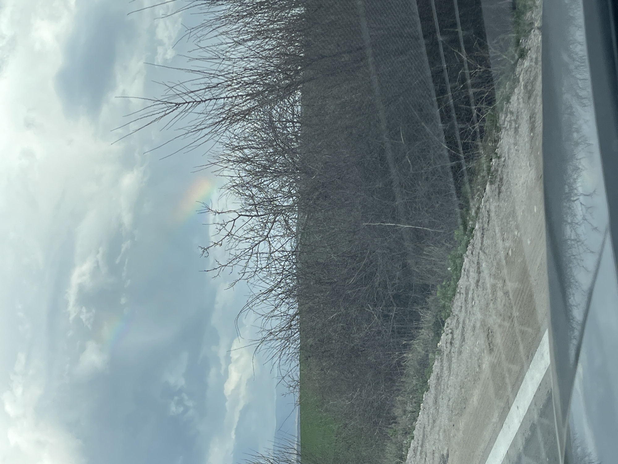 The image shows a view through a vehicle window in Belomortsi, Bulgaria. Outside, the sky is cloudy with a faint rainbow visible. A bare tree stands in the foreground, obscuring some of the view. Adjacent to the tree is a fence or barrier. The ground consists of a dirt or gravel path. The image is taken at an angle, with the right side of the frame showing part of the vehicle's interior.