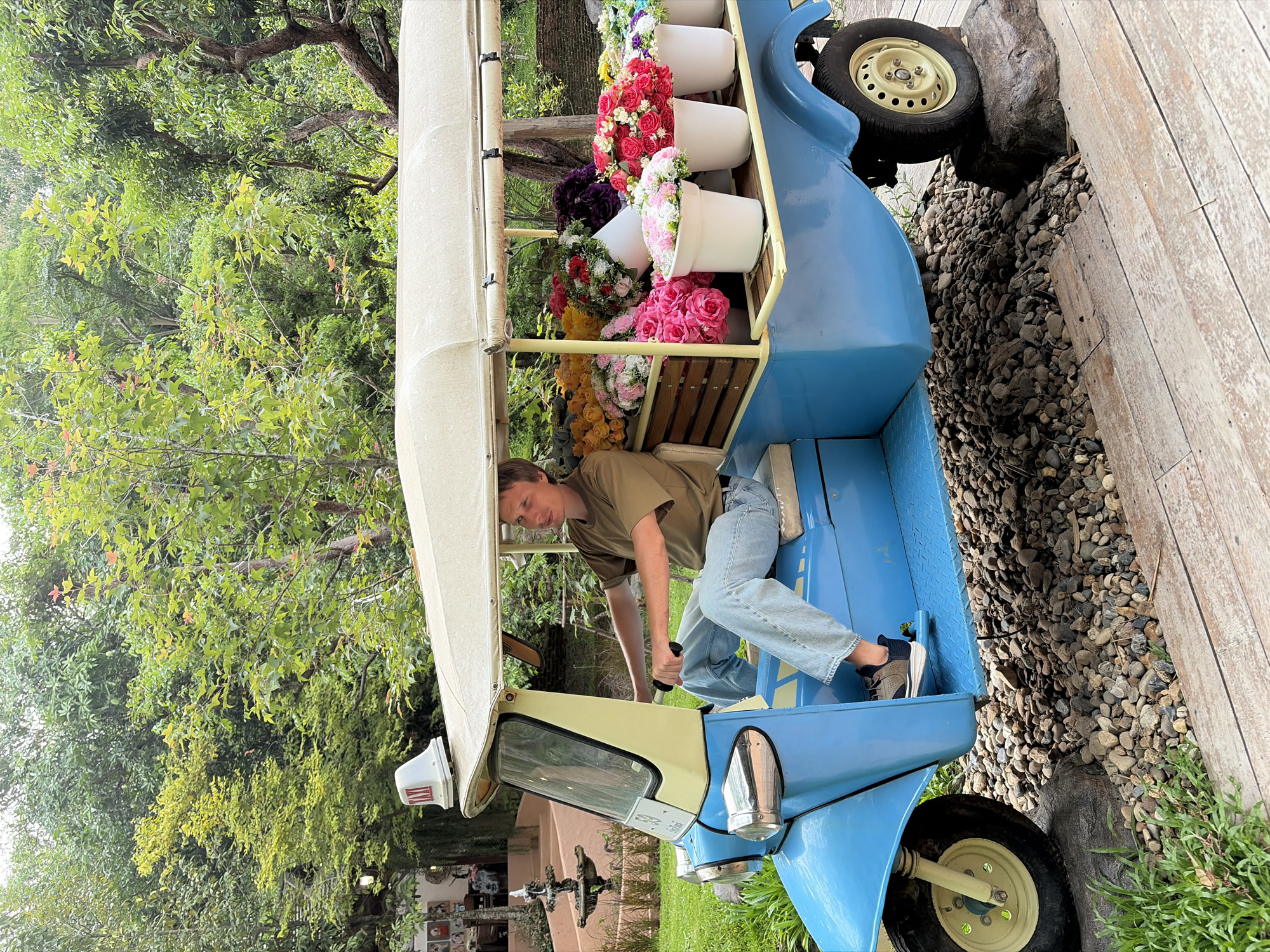 In Mae Rim, Thailand, a man sits in the driver's seat of a blue and beige tuk-tuk that is filled with a colorful assortment of flowers in buckets and wooden crates. The tuk-tuk is parked on a bed of decorative gravel and appears to be in a garden setting, with lush green trees forming the backdrop. The man is wearing a light olive green t-shirt and light blue jeans. The tuk-tuk has a cream-colored canopy and a white sign with red lettering on top. The scene is illuminated by natural daylight, suggesting it is daytime.