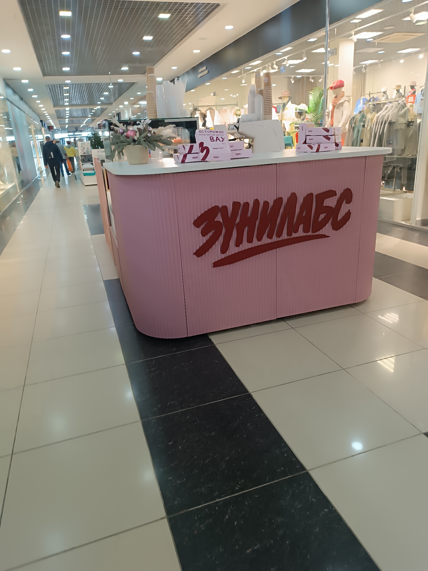The photo shows a pink kiosk with a large, dark red inscription in Cyrillic letters "ЗУНИЛАБС" in a shopping mall. The kiosk has a white countertop with some flowers and what appears to be products on display. To the right of the kiosk is a storefront window with mannequins dressed in clothing. To the left, a man is walking away down a mall hallway. The floor is covered with white and black tiles. The ceiling is white with a grid pattern and recessed lighting. The location appears to be a shopping mall in Сепыч, Russia, based on the Cyrillic text on the kiosk.