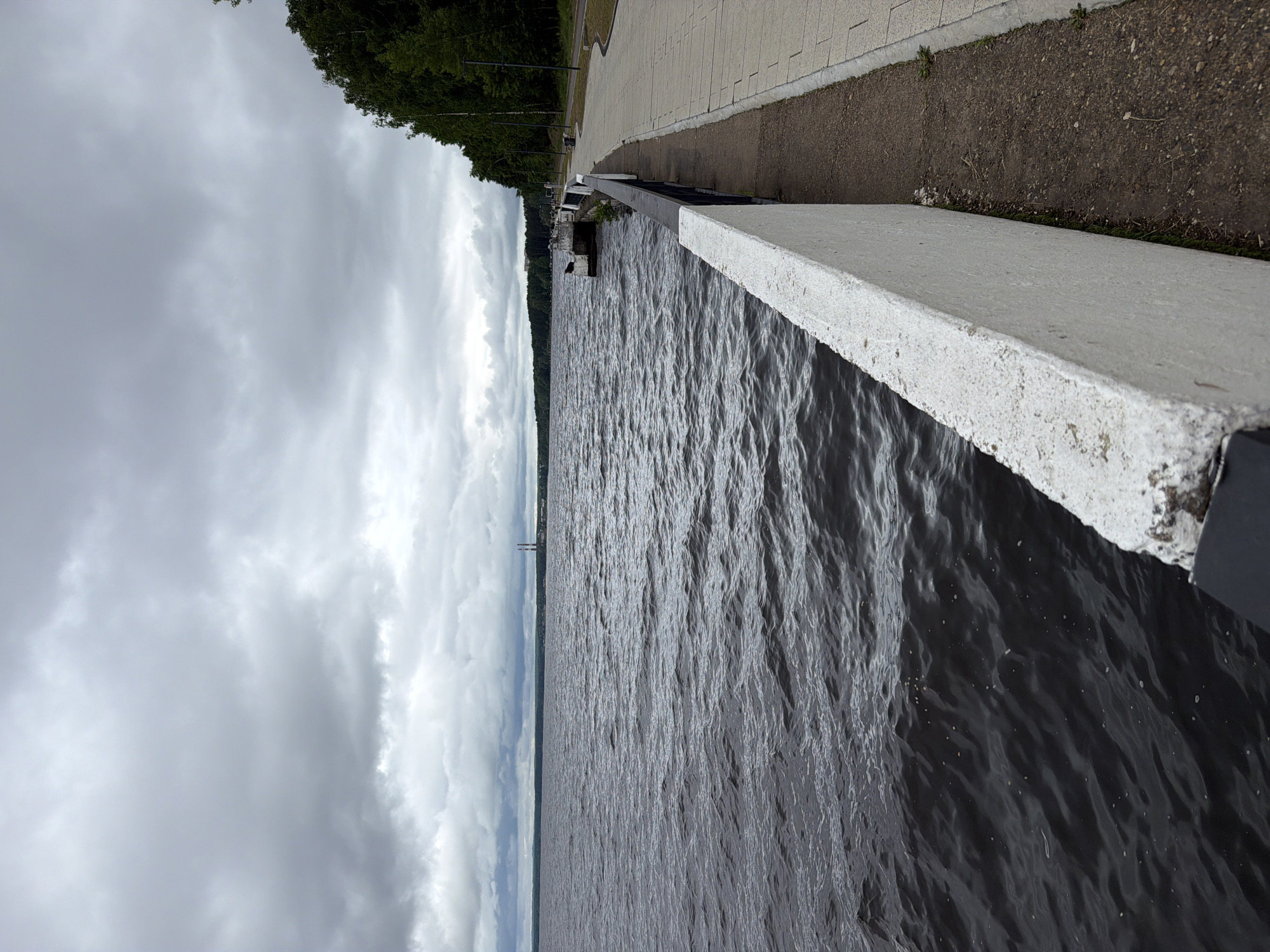 This image depicts a waterfront promenade alongside a large body of water, likely the Kama River or a reservoir, under an overcast sky in the city of Chaikovsky, Russia. The sky is dominated by dense, uniformly grey clouds. The expansive water surface in the midground and left foreground is dark and choppy, exhibiting numerous ripples and small waves. On the distant horizon, a strip of dark green forest marks the far bank, with two prominent, light-colored industrial smokestacks or towers visible above the tree line on the right side of the far shore, indicating a distant industrial area or settlement.
In the immediate foreground on the right, a white concrete retaining wall with a black metal handrail extends parallel to the water, defining the edge of a paved promenade. Adjacent to this wall is a narrow strip of dark earth and gravel with sparse green vegetation. Beyond this strip, a light-colored paved pedestrian walkway, constructed of rectangular slabs, extends into the distance, curving gently to the right. Along the far right edge of the frame, a dense line of green deciduous trees provides a treed backdrop to the promenade. Several dark streetlights and what appear to be benches are discernible along the promenade further into the distance. A small, dark, indistinct object, possibly a bird, is perched on a low concrete structure protruding into the water from the promenade approximately midway down the frame on the right. No people are visible in the scene.