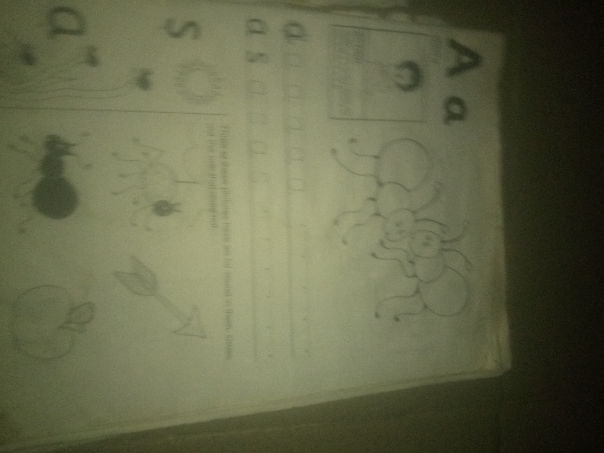 The image is a close-up, high-angle shot of a page from a children's educational workbook. The page features various drawings and text, likely intended for learning the alphabet and basic concepts.
In the upper left quadrant, a large stylized letter "a" is visible, followed by a drawing of what appears to be a stylized ant. Below this, a detailed drawing of an ant is shown, along with a drawing of an apple with an arrow piercing it.
To the right of the ant drawing, in the upper middle section, is a drawing of a sun. Below this, a series of "s" and "d" letters are traced, likely for practice.
In the upper right quadrant, a large "A" and a smaller "a" are prominently displayed.
The lower right quadrant contains a drawing of a spider-like creature with multiple legs and rounded body segments.
Text is present in a vertical column on the right side of the page, but it is too blurry to be legible.
The overall impression is that of a learning material for young children, possibly from a school or home setting. The image does not contain any visual information that would allow for the identification of a specific location within Jauro Yinu, Nigeria, or any other geographical context.