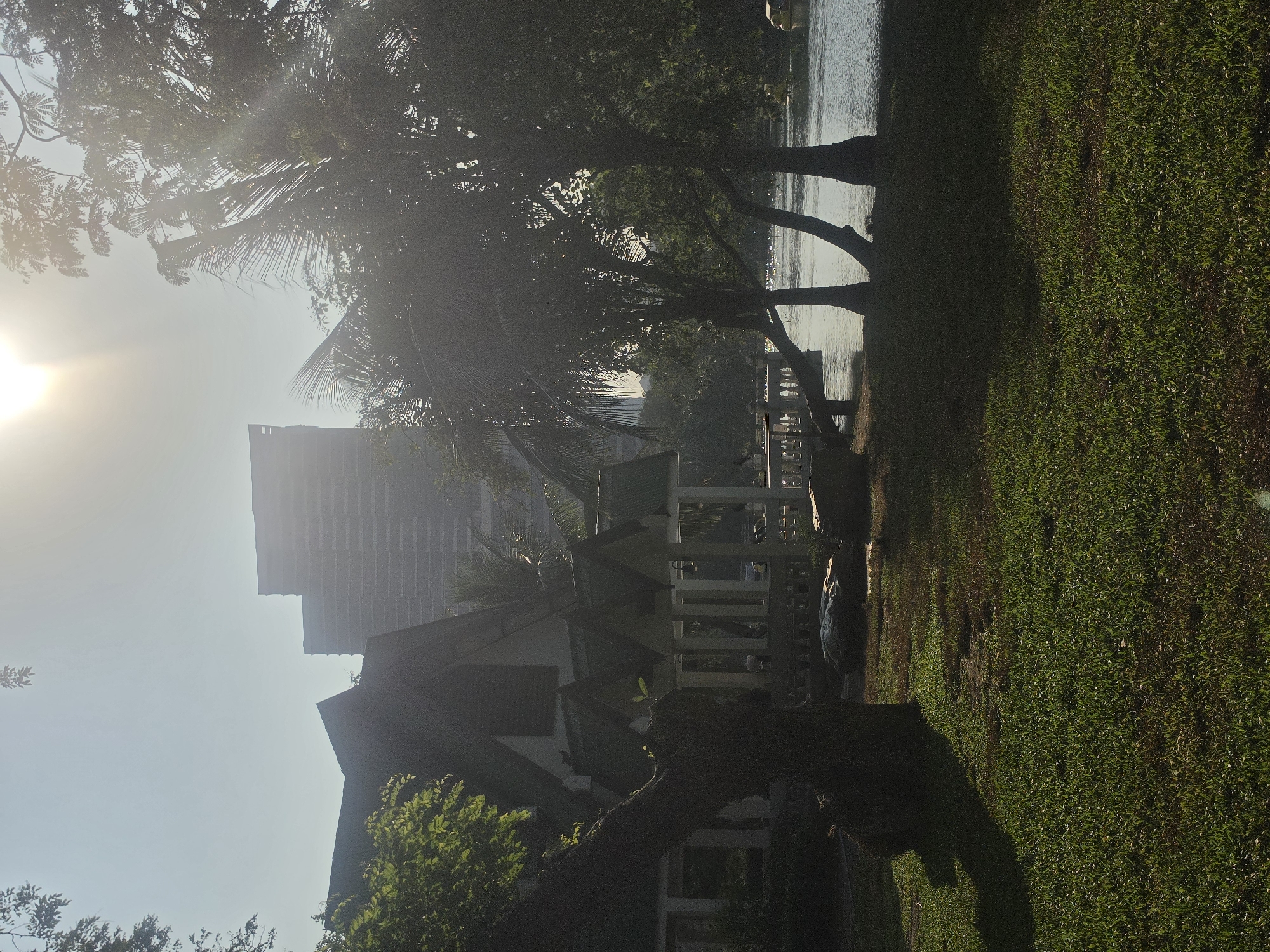 This image captures a tranquil park scene in Bangkok, Thailand, likely during early morning or late afternoon given the strong lens flare and atmospheric haze.
The foreground is dominated by lush green grass, illuminated by the low-lying sun. Moving towards the midground, several large trees, including palm trees with their distinctive fronds, stand tall, their foliage silhouetted against the bright sky and the distant hazy backdrop. Among the trees, a small, multi-tiered building or pavilion with a distinct roofline, possibly reflecting Thai architectural styles, is visible.
To the right, a calm body of water, likely a lake or canal, stretches across the scene, reflecting the soft light. In the background, beyond the trees and water, a tall, modern skyscraper rises, its upper floors silhouetted against the sky, creating a blend of natural greenery and urban architecture.
No specific activities or events are captured, and no people or animals are distinctly visible. The overall mood is peaceful and serene, typical of a park setting within a bustling city. There is no visible text in the image.