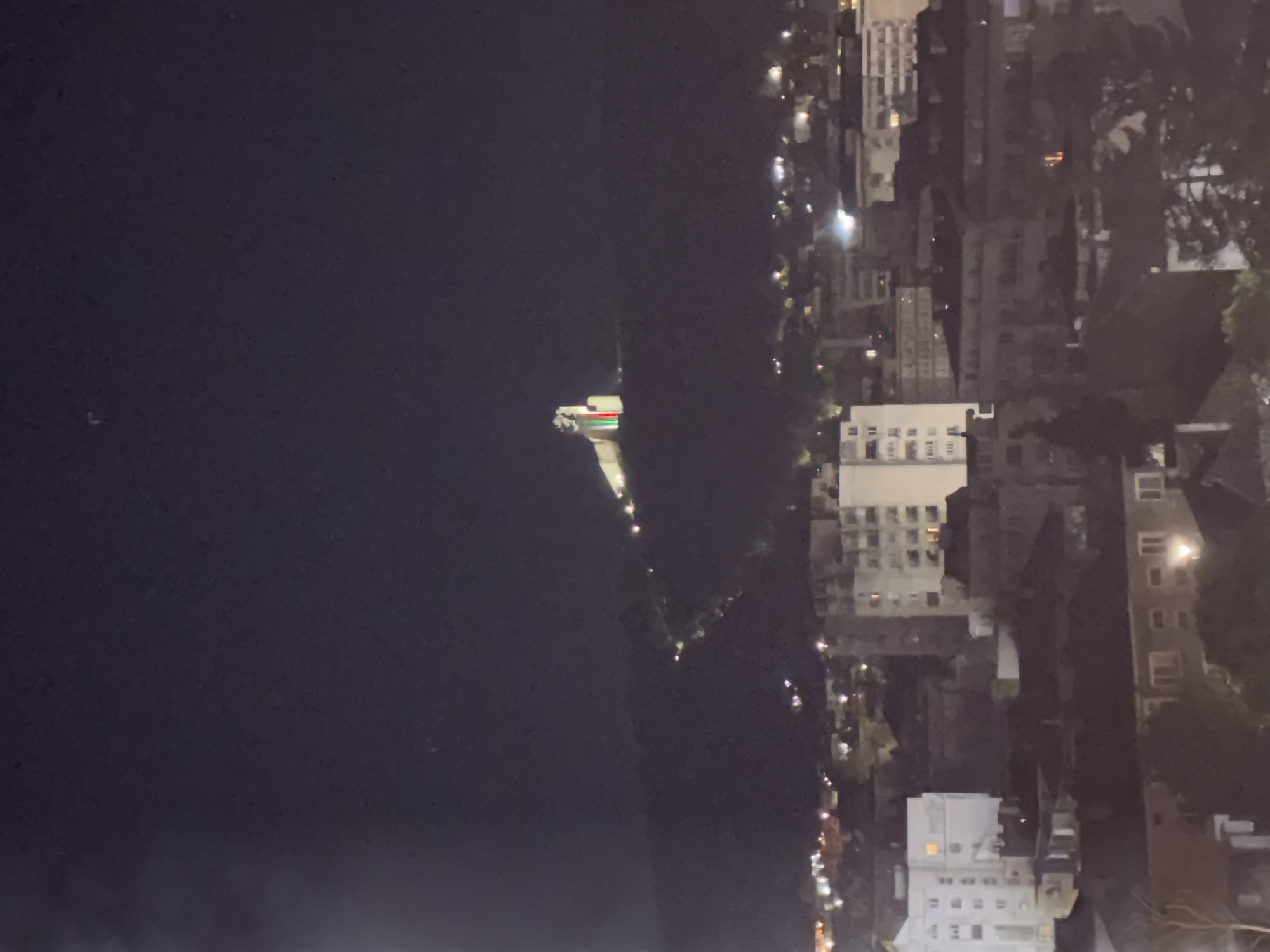 Here is a detailed description of the image:
The image captures a nighttime scene, possibly a coastal area, with a cruise ship or large vessel visible in the water to the left. The ship is illuminated with lights, including red and green, and there are various other lights on the ship's structure. Adjacent to the water, on the right side of the image, is a stretch of land populated with buildings that appear to be part of a city or town. The buildings are lit with many lights, some organized in rows that suggest windows, which indicate the residential or commercial nature of these structures. Some trees are also visible amongst the buildings. The photo appears to have been taken from an elevated position. The lighting suggests it is taken during the night.