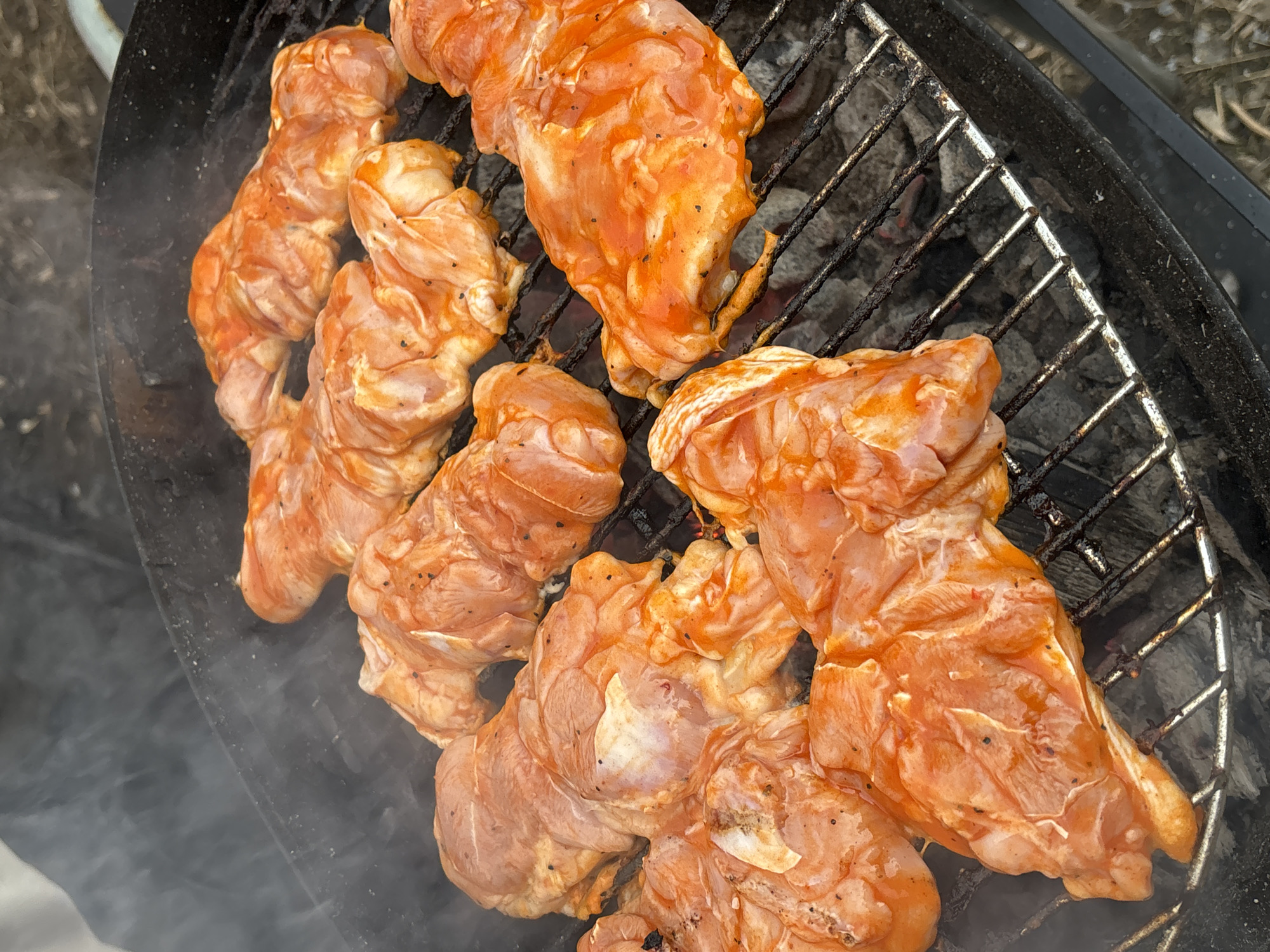The image shows marinated chicken pieces being grilled outdoors. The pieces are arranged on a metal grill grate over hot coals, producing smoke. The surrounding environment appears to be a grassy outdoor area. The image does not indicate any specific location in Krasnoyarsk, Russia, or include any information about people, interactions, or specific objects beyond the grilled chicken and the grill itself.