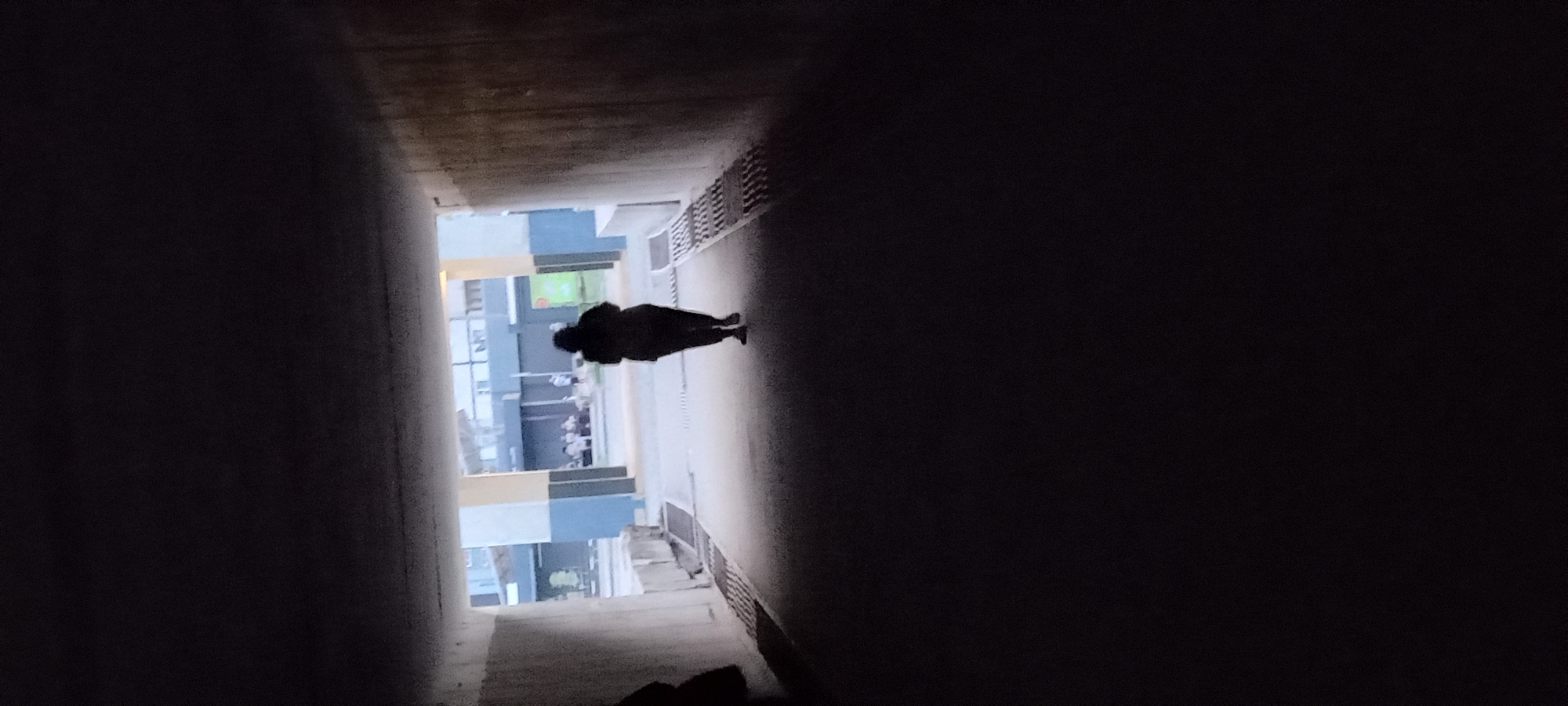 The image depicts the interior of a concrete pedestrian underpass in Kryvyi Rih, Ukraine, specifically leading towards Lyceum №122 near the "Spas'ka" tram stop. The underpass is dark, with rough concrete walls and a paved floor. Tactile paving strips are visible along both sides of the pathway.
A single individual, silhouetted against the bright light of the exit, is walking away from the camera, centrally positioned on the pathway. This person appears to be wearing dark, bulky clothing. A partial silhouette of another person is visible on the far left, near the camera's position, suggesting they are also within the underpass.
Beyond the underpass exit, an outdoor area is illuminated by daylight, revealing a plaza-like space and buildings. A prominent building directly in front of the exit features vertical blue and beige/yellow striped pillars or architectural elements. To the left of the main exiting person, a small group of approximately five to seven people is visible in the background, either seated or standing. Some greenery is discernible to the right of the exit opening. The scene captures a moment of transition from the dimly lit underpass to the brighter outdoor environment.