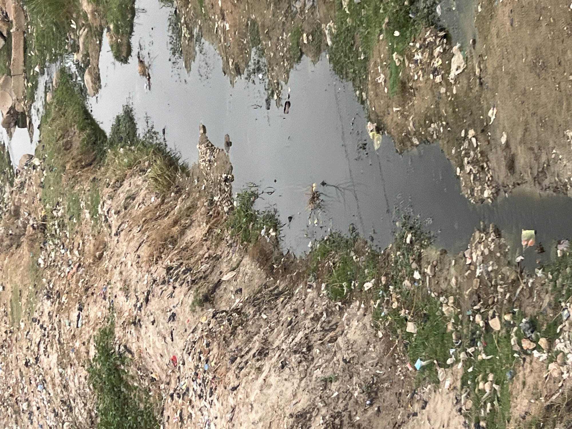 The image depicts a polluted waterway in Minna, Nigeria. The water is murky and gray, suggesting contamination. The banks of the waterway are littered with trash, including plastic and paper waste. Vegetation is sparse and struggling to grow amid the pollution. There are no people visible in the image. The scene suggests environmental degradation due to pollution and improper waste disposal.