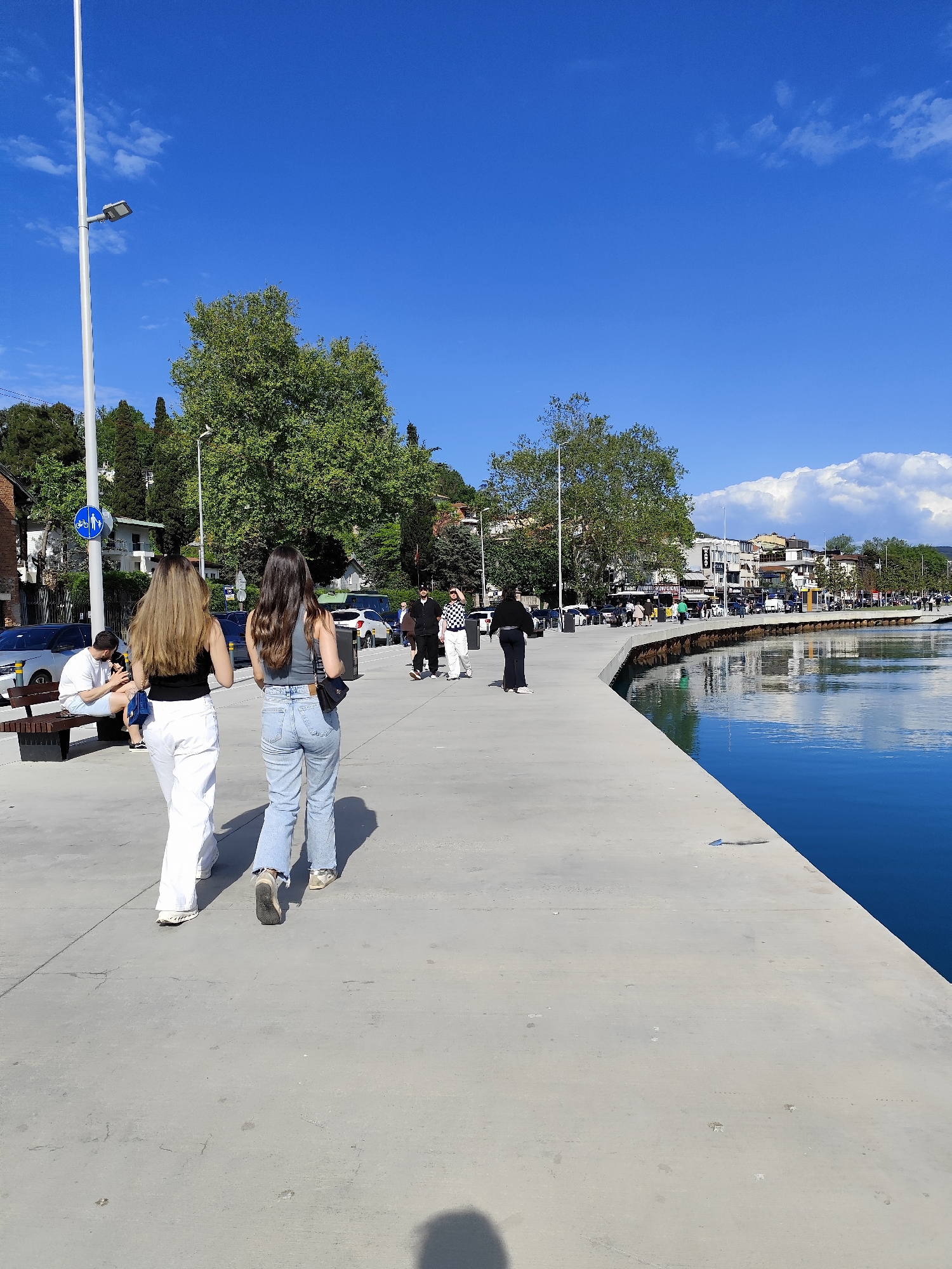 The image captures a sunny day in an urban waterfront setting. Two women are walking away from the viewer on a wide, concrete promenade that runs alongside a body of water. The woman on the left wears white pants and a black top, while the one on the right wears light blue jeans and a gray top. Their shadows are visible on the pavement.
Along the promenade, other people are present, including a man sitting on a bench, several pedestrians walking in both directions, and cars parked along the road that runs parallel to the waterfront. Green trees line the road, and buildings are visible in the background. The water is calm and reflects the sky and buildings. The sky is clear blue with a few white clouds. A tall lamppost stands on the left side of the image.