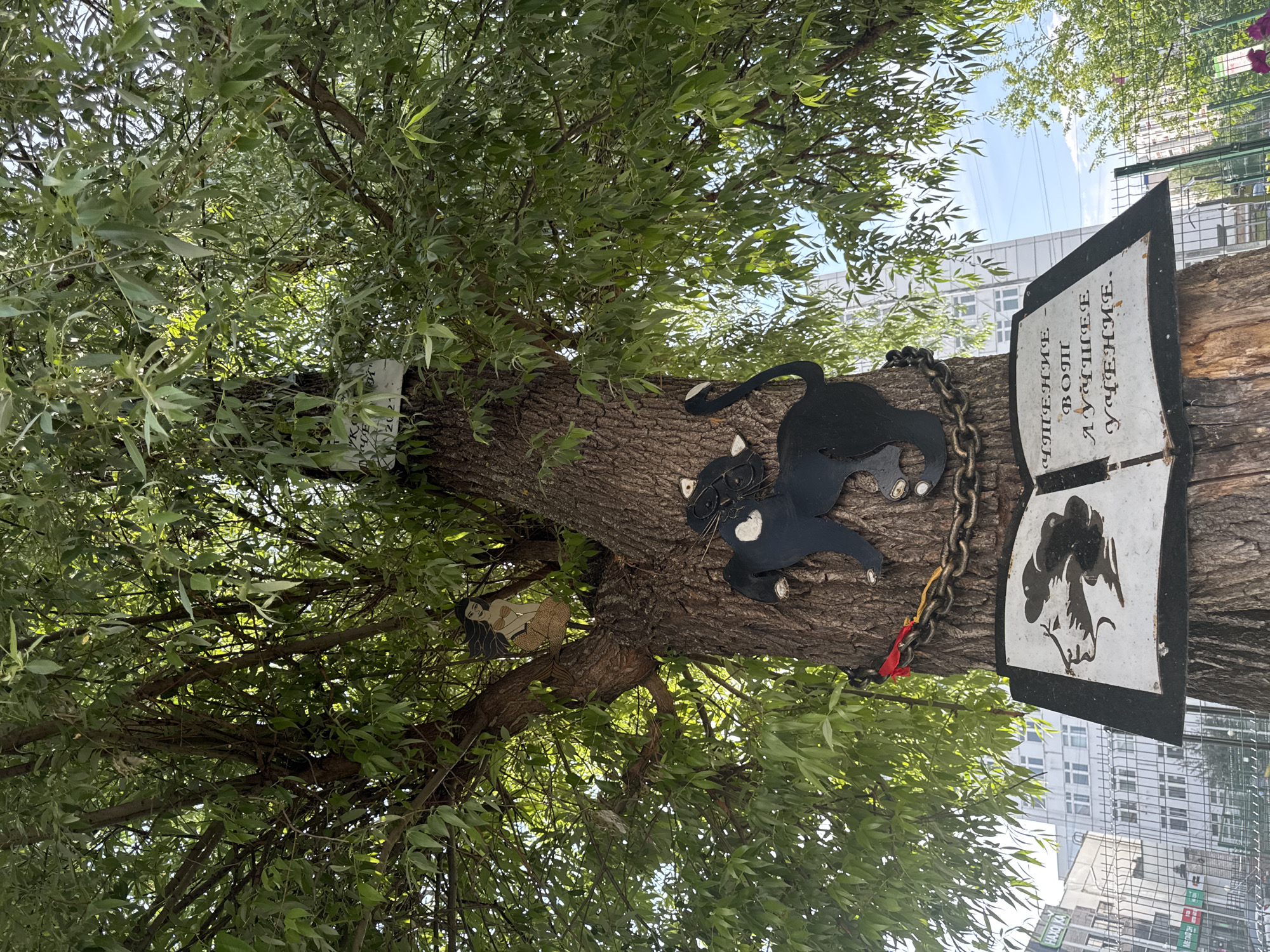The image shows a large tree with several decorative elements attached to its trunk and branches. On the trunk, there is a black cutout of a cat with white eyes, chained with a thick metal chain. Below the cat, a sign resembling an open book is mounted on the tree. The book sign has an illustration of a profile of a woman's face with curly hair on the left page and Russian text on the right page. The text on the right page reads: "УЧЕНИЕ - ВОТ ЛУЧШЕЕ УЧЕНИЕ." (Teaching is the best teaching.) High up on a branch to the left, a cutout of a mermaid is perched. A small white sign with some writing and the year "20 21" is attached to the trunk further up. The tree is covered in lush green leaves, and its branches extend outwards. In the background, a tall white building and a fence are visible, suggesting an urban or semi-urban setting. The sky is blue with some clouds. The location is identified as Chaikovsky, Russia, specifically at the "House of Childhood," an arts center.