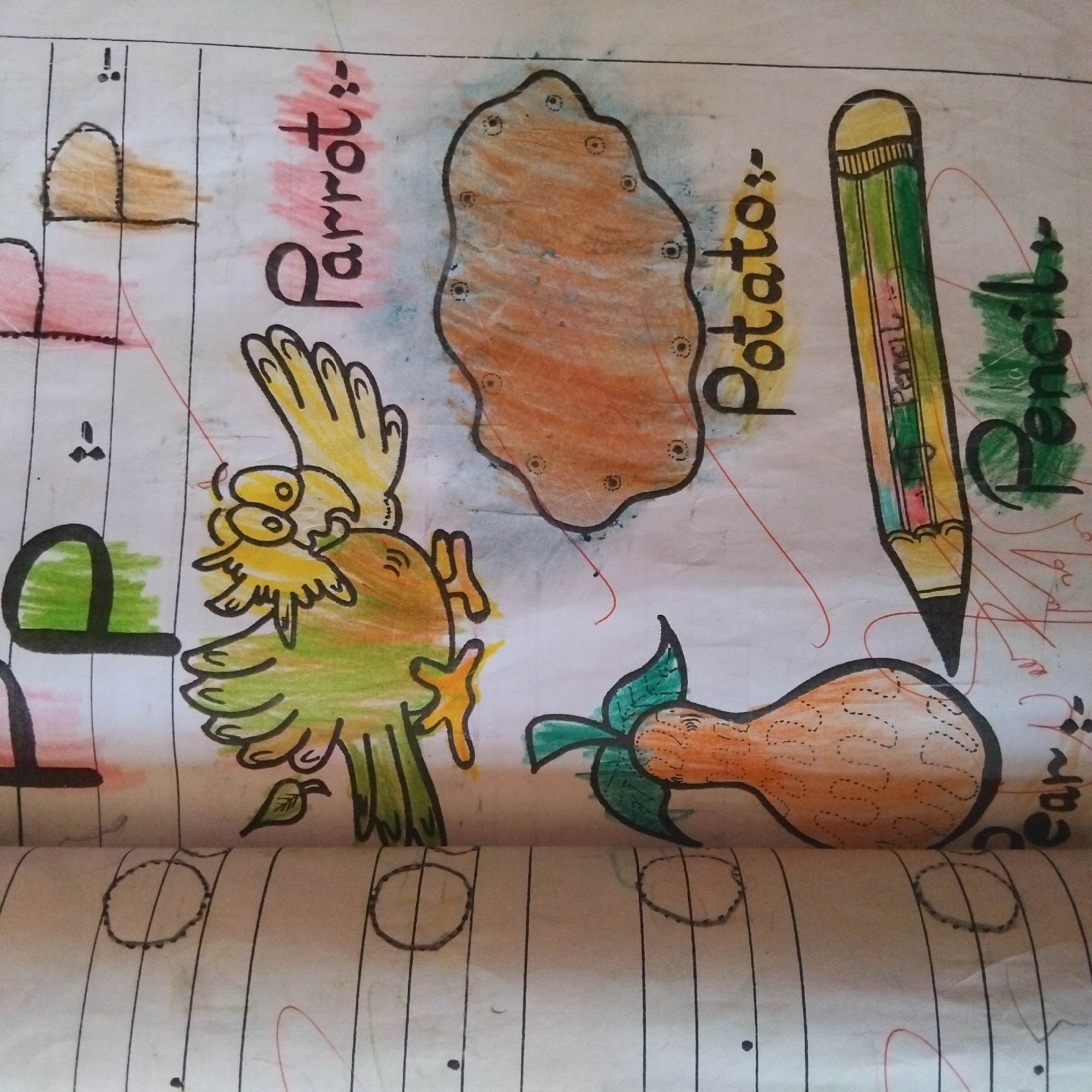 This is a photograph of a page from a notebook with drawings and text. The subjects include a cartoon parrot, a potato, a pencil, and a pear. The parrot is yellow and green with a red beak and large eyes. The potato is depicted as a brown, lumpy shape with dark dots. The pencil is yellow and green, with the word "Pencil" written on it in yellow. The pear is orange with a green stem and leaves.
The page is lined, and there are vertical lines drawn across the page, resembling a music staff. Some musical notes are drawn on the staff. The drawings are colored with crayons and markers. There are also some handwritten words on the page. Vertically oriented text on the left side reads "Parrot:" and on the right side, it reads "Potato:". Another vertical text on the far right reads "Pear:".
There are also some random red lines drawn on the page, appearing as scribbles or abstract shapes. The background of the page is white, with some smudges and discoloration, possibly from crayon wax or water. The overall impression is of a child's artwork, likely a school assignment or personal creative endeavor. The context of the drawings and the musical staff suggests a theme related to learning or perhaps a creative expression of familiar objects. The emotions conveyed are playful and innocent, typical of children's drawings. No specific time of day, weather, or location cues are visible, other than it being an indoor setting, likely a desk or table, where someone was drawing.