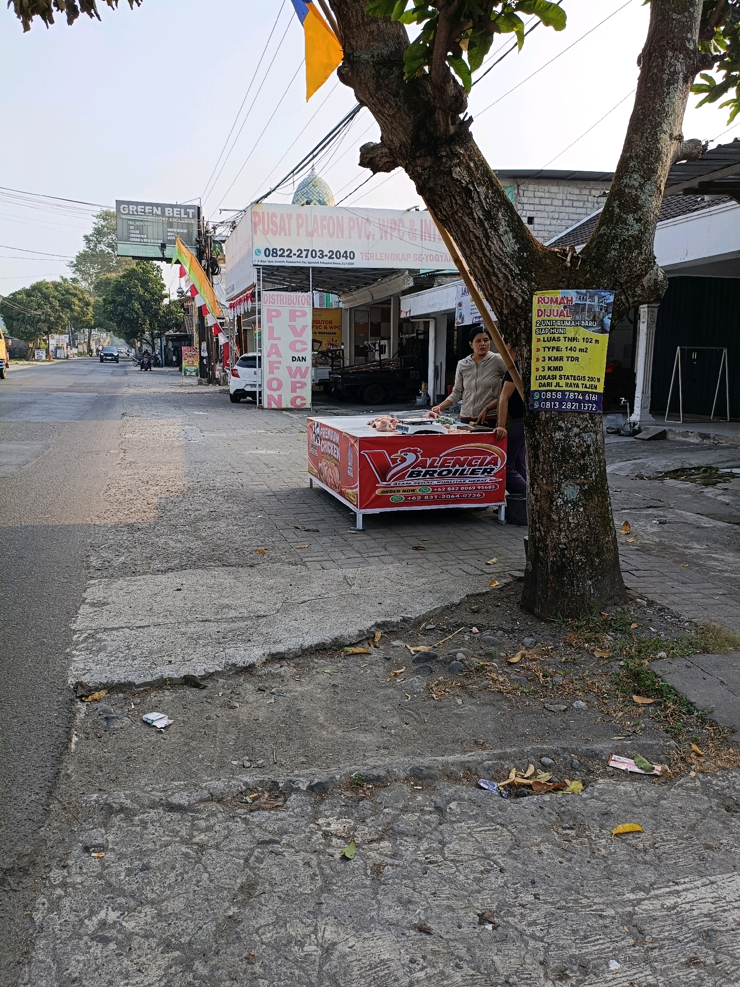 The image depicts a street scene in Ngemplak, Indonesia. A woman stands behind a red and white food stall displaying "VALENCIA BROILER" and chicken products. She appears to be preparing or serving food. To the right of the stall, a large tree trunk with rough bark dominates the foreground, with its branches extending upwards. A yellow sign is affixed to the tree, advertising a house for sale with details about its size and number of rooms. In the background, a white building with a green dome is visible, likely a mosque. Signs for "GREEN BELT" and "PUSAT PLAFON PVC, WPC & IN" are also present, indicating commercial establishments. The street is paved, with some sections of concrete sidewalk. Debris, including leaves and what appear to be cigarette butts and wrappers, is scattered on the ground. Cars and motorcycles are present on the street, suggesting active traffic. The overall lighting suggests it is daytime, possibly late afternoon given the shadows.