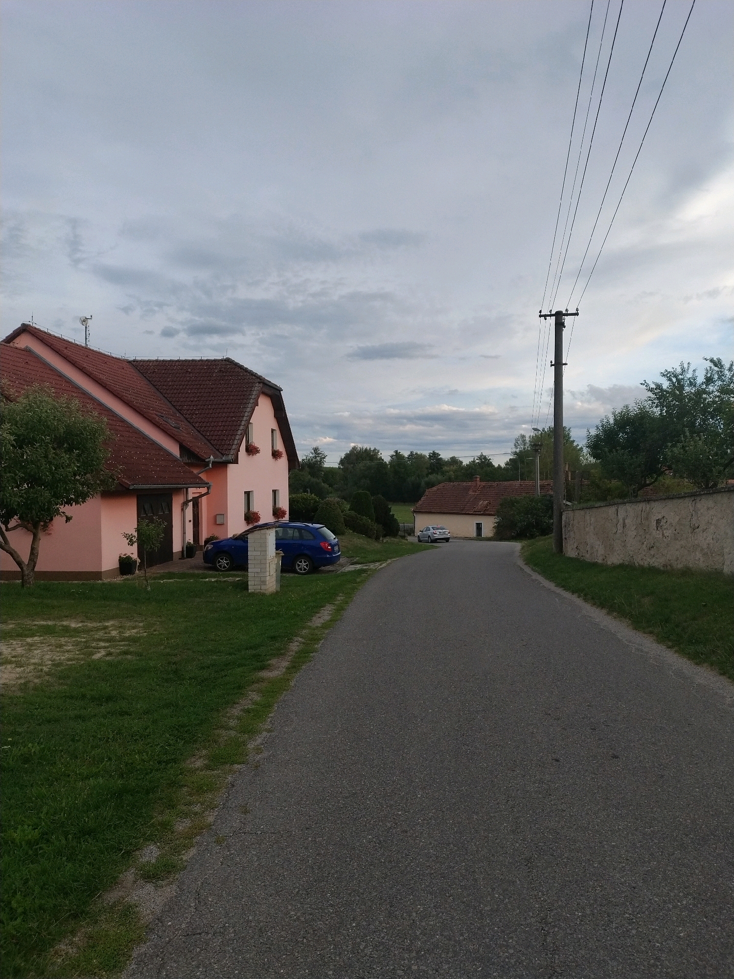 The image depicts a rural road in the municipality of Dobev, Czechia, under a cloudy sky. On the left side of the road, a light pink house with a red tile roof is visible, featuring a garage door and several windows. A blue station wagon is parked in front of the house. Further down the road, a beige house with a red tile roof is also present, with a light-colored car parked in front of it. A stone wall runs along the right side of the road, and a utility pole with power lines stands beside it. The area is characterized by green grass, trees, and other foliage.