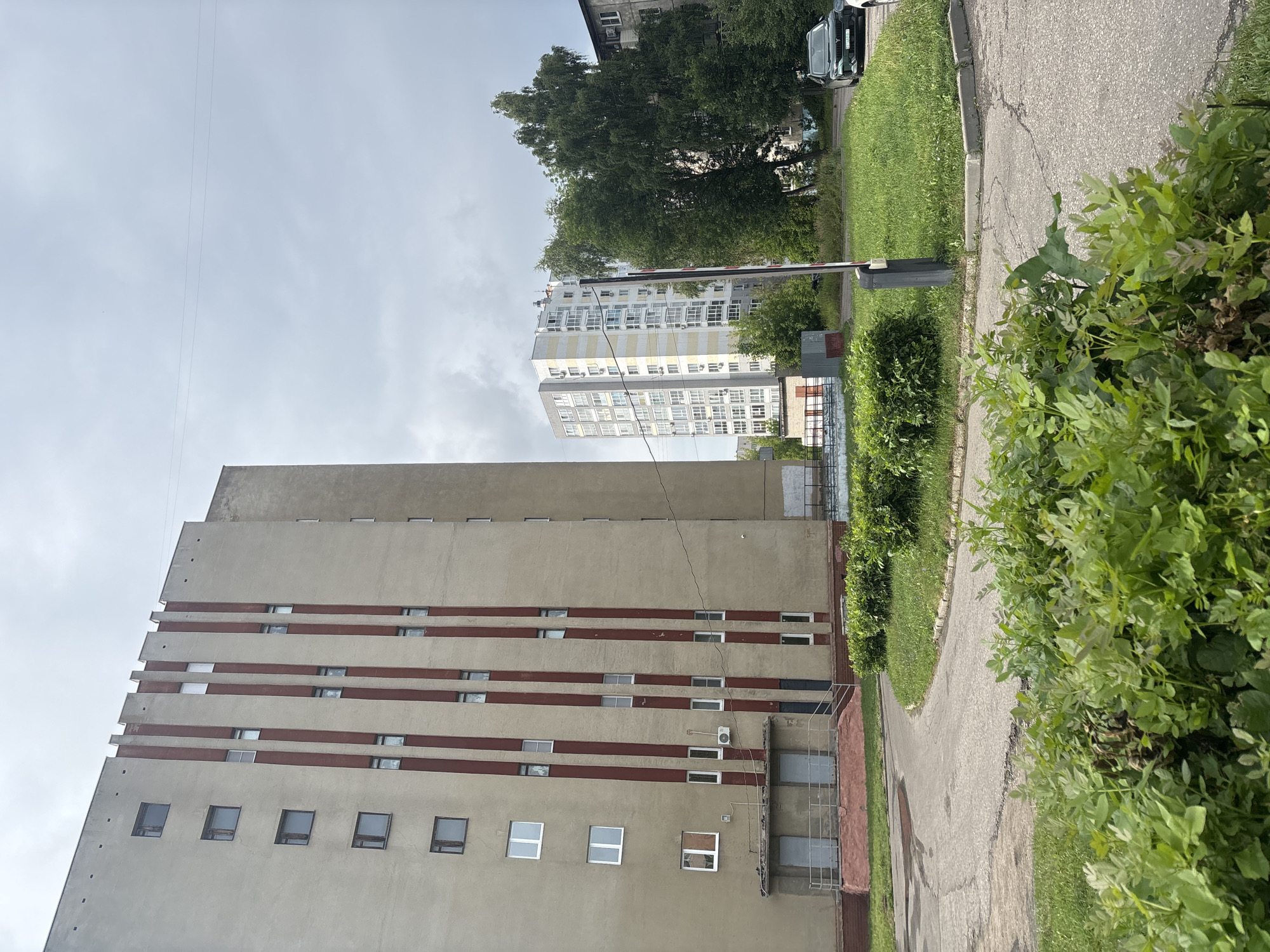 The image depicts an outdoor scene in an urban environment, likely a residential area, in Ivanovo, Russia. In the foreground, lush green bushes and foliage are prominent. A paved road or driveway curves through the scene, with some areas showing cracks and discoloration. To the left, a large, beige-colored building with a grey concrete base and prominent vertical red stripes runs up its facade. This building has multiple windows, some with white frames and others with darker frames. There is an entrance area with two grey doors. To the right of this building, a second, taller, multi-story building with a white and yellow facade and numerous windows is visible further in the distance, surrounded by trees. A dark green car is parked on the right side of the image. A metal barrier post stands in the middle ground. The sky is overcast, with grey clouds.
