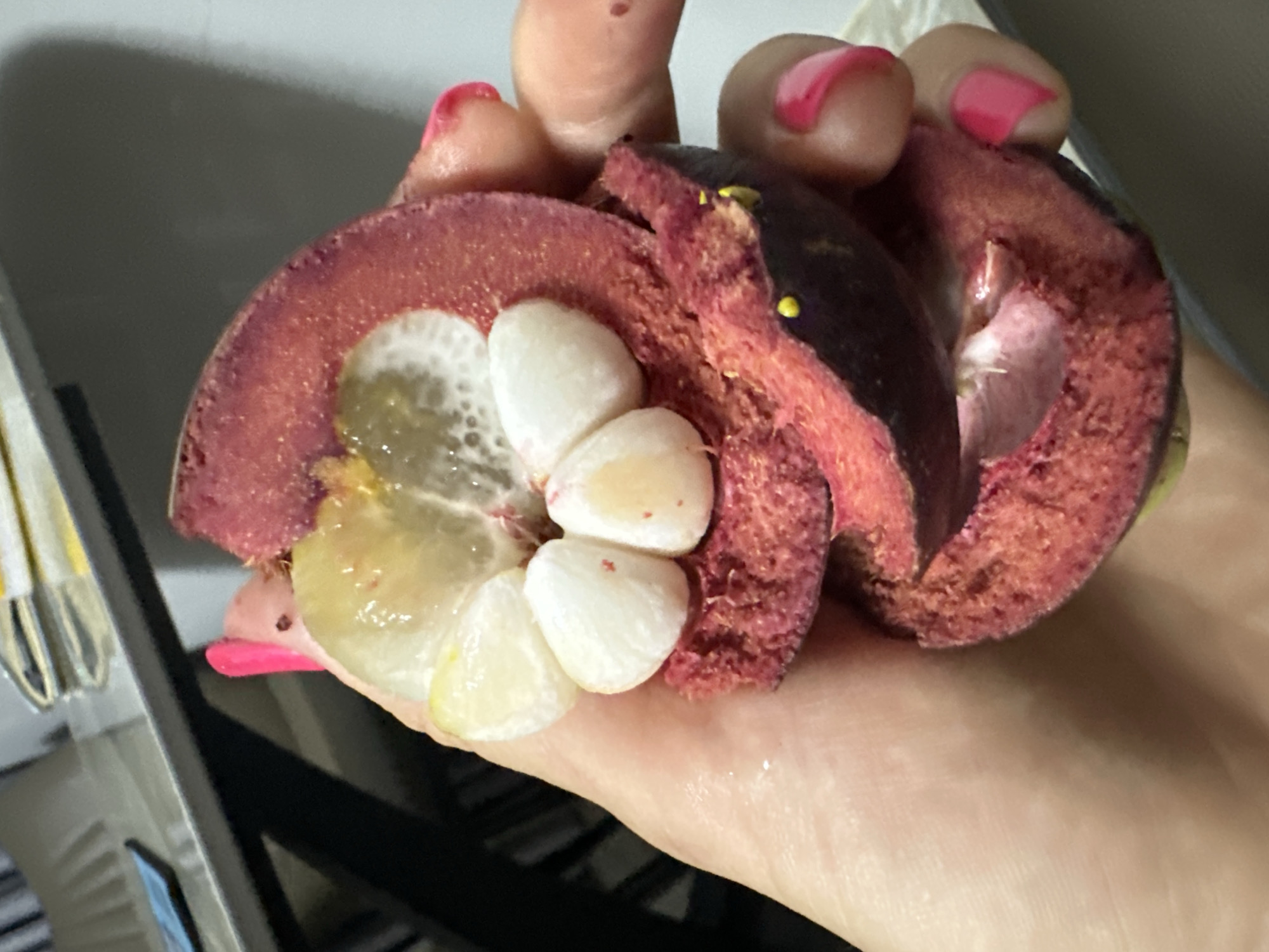 A close-up, indoor shot shows a human hand holding a halved mangosteen fruit. The hand has light skin and pink nail polish. The fruit is cut in two, revealing the inner white segments and the thick purple rind. Some of the white segments appear translucent. The background is blurry, but hints of a kitchen setting are visible, with a countertop and utensils. The location provided, Bac Nha Trang Ward, Vietnam, is not visibly discernible from the image itself, though it could suggest the origin or context of the image.