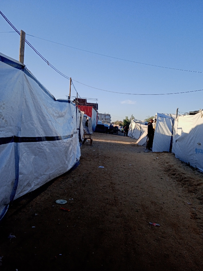 The image captures a temporary encampment along an unpaved dirt path in Khan Yunis, Palestinian Territory. White, tarp-like shelters, some featuring blue banding and visible UNICEF logos, line both sides of the path. Wooden utility poles with overhead electrical wires extend into the distance. The ground is dirt, with scattered debris including a white plastic plate and wrappers in the foreground. Several individuals are present: one person is partially visible near a shelter on the left, another person in dark clothing stands near a shelter entrance on the right, and multiple figures are discernible further down the path. In the middle distance, dark-colored vehicles and a horse-drawn cart are parked, with multi-story buildings and red structures visible in the background under a clear blue sky. Shadows suggest the sun is low, indicating either morning or late afternoon.