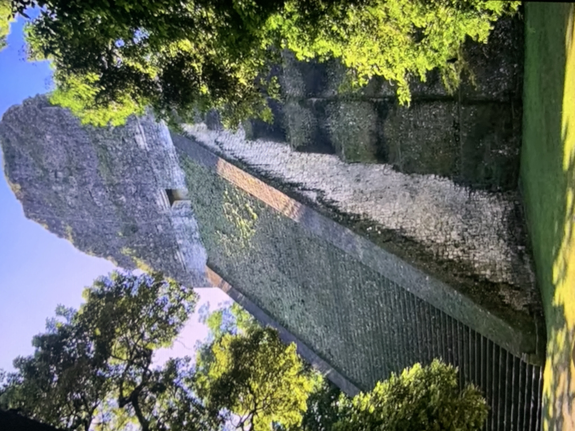 The image shows a large stone pyramid with steep stairs leading up its side. The pyramid is covered in moss and vegetation, and is surrounded by lush green trees. The sky above is clear and blue. There is no indication of the city of Stavropol, Russia, or any people present in the image.