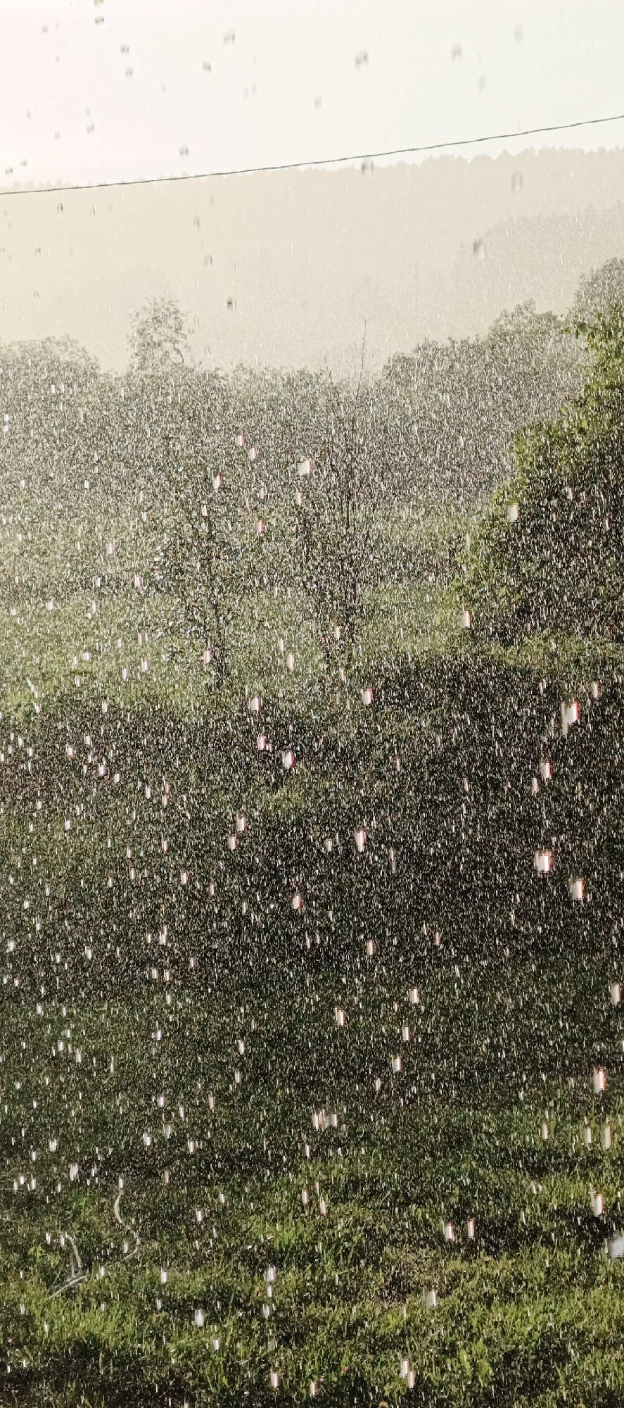 The image depicts a heavy downpour in a rural environment, possibly Большой Букор, Russia. Raindrops are highly visible in the foreground and throughout the scene. Trees and vegetation are blurred by the rain. There appears to be a hill or mountain in the background, partially obscured by fog or heavy rain. An overhead wire is visible in the upper portion of the frame. The scene is overall dull and gray due to the overcast conditions and rain.
