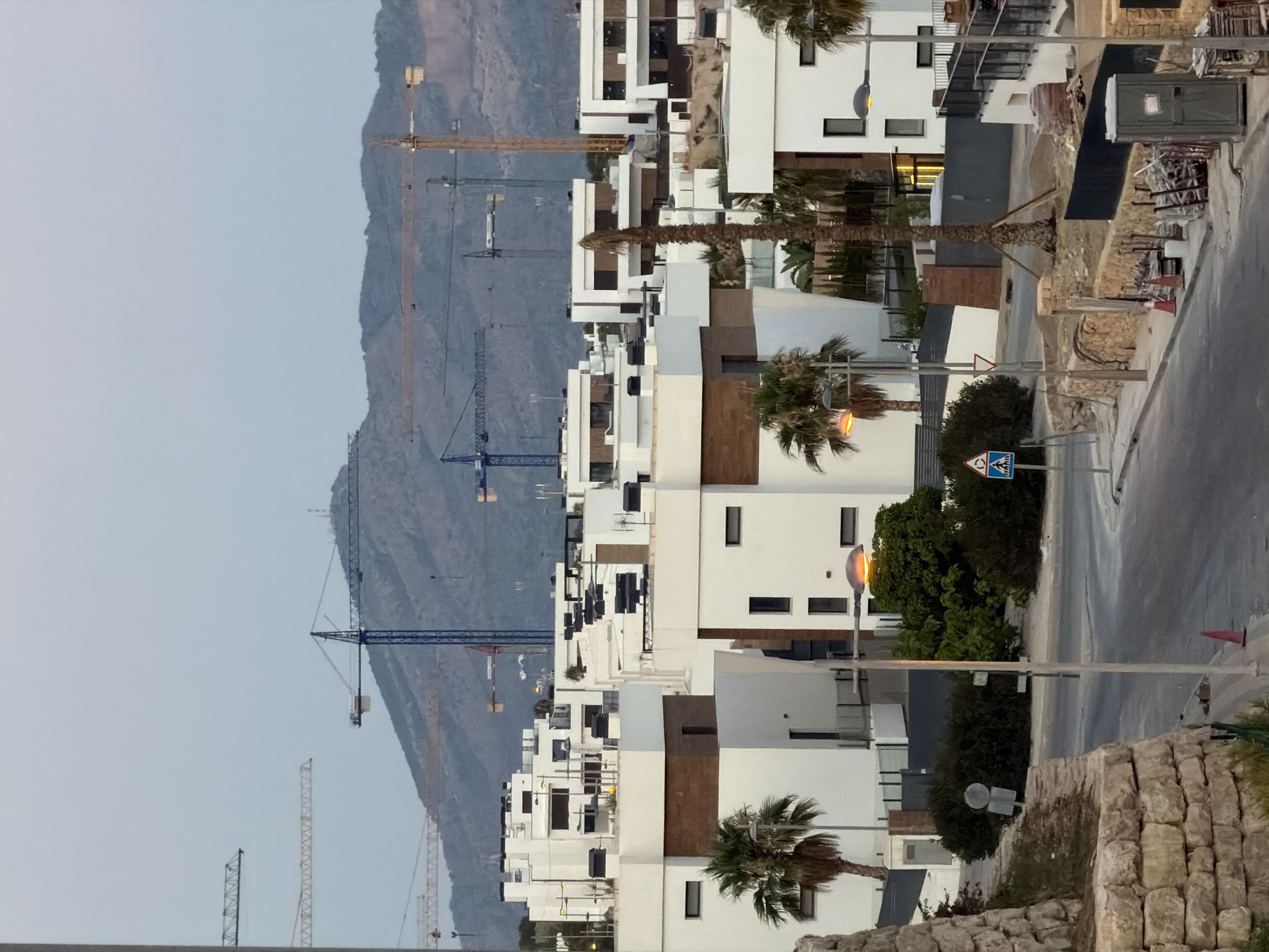 The image shows a construction site in Finestrat, Spain, with several modern white buildings under construction. Multiple construction cranes are visible in the background, with a mountain range behind them. There are palm trees scattered around the site, and a road curves through the foreground. The sky is overcast, suggesting it may be early morning or late evening. There are no people visible in the image. The construction site includes stacks of building materials and portable sanitation facilities.