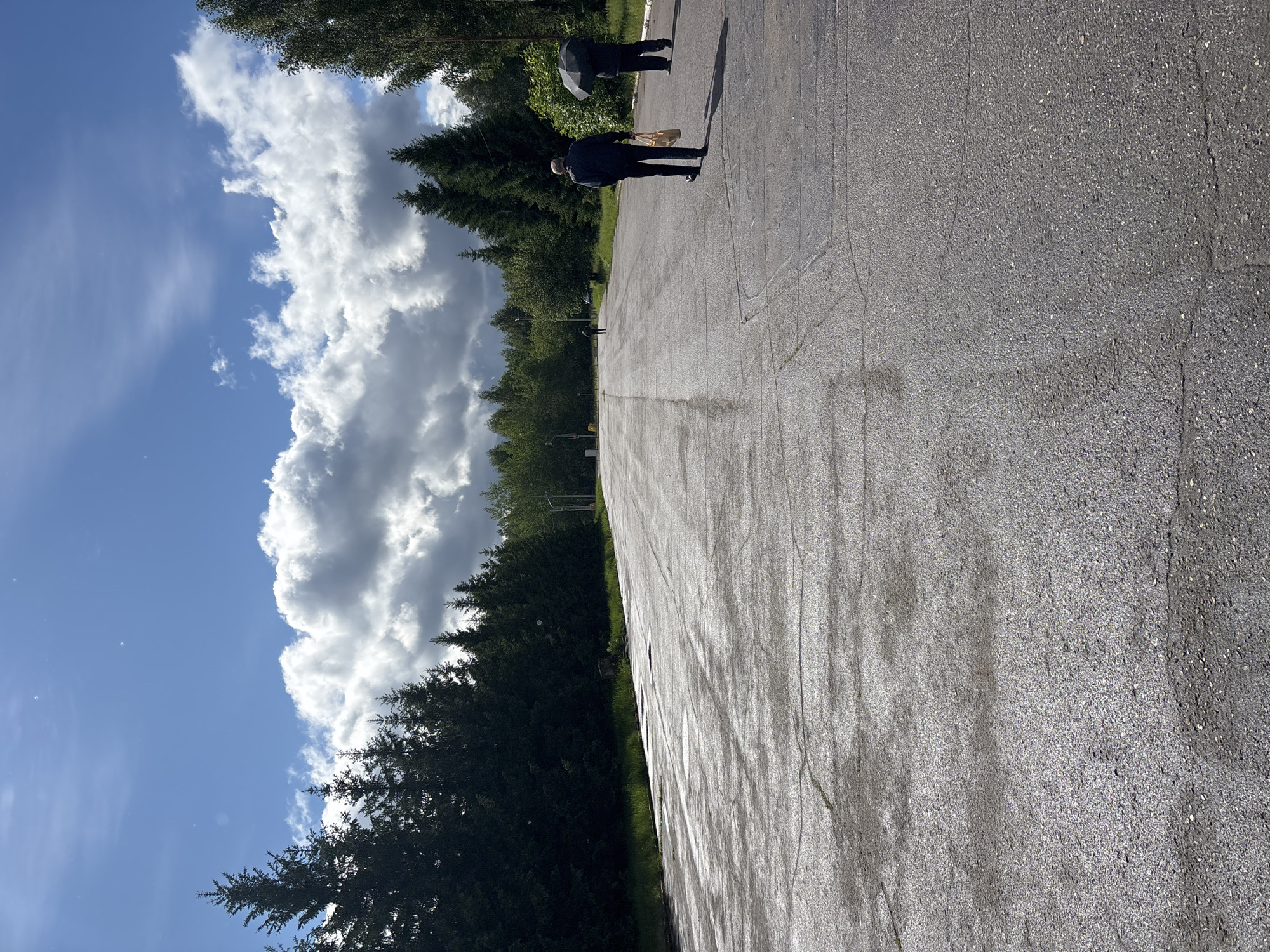 The image shows an asphalt surface, possibly a road or path, with a slightly worn texture. Trees and other vegetation line the left side of the frame, with a cloudy sky visible above them. Two figures are walking on the path, one carrying an umbrella and the other carrying an item that appears to be a bag. The path leads towards the trees. No specific architectural or landmark details are visible to definitively place the image in Rusanovo, Russia, but the general appearance suggests a park or recreational area.