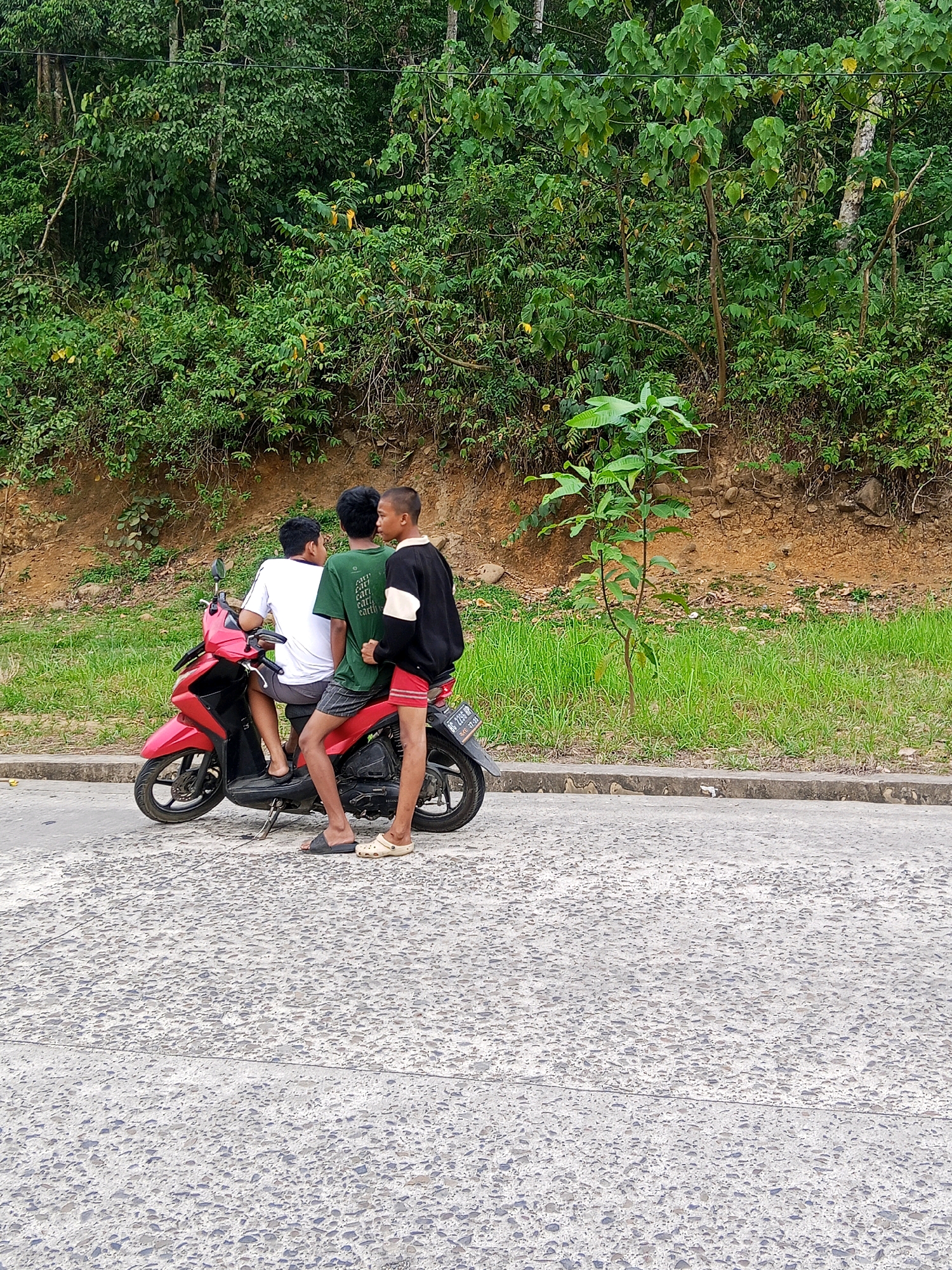In the city of Lubuklinggau, Indonesia, three young males are positioned on and around a red and black motorcycle. The individual in the middle wears a green t-shirt and striped shorts, while the person behind him is in a black and white jacket and red shorts. The third male, seated at the front, is wearing a white t-shirt and grey shorts. The motorcycle is stationary on a paved road with a rocky texture. Behind the road, a grassy area slopes upwards towards a lush, densely vegetated hillside, characterized by numerous trees and shrubs. The environment suggests a rural or semi-rural setting within or near the city.