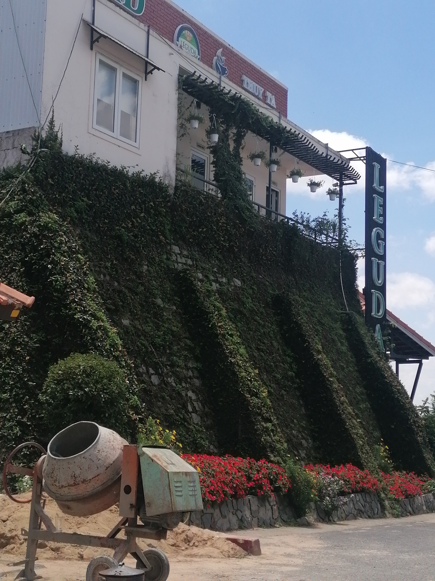 The image depicts a sloped building facade covered in lush green ivy. A sign with the word "LEGUD A" in large, vertical, illuminated letters is visible on the right side of the building. In the foreground, a rusty cement mixer stands on a dirt surface, with a pile of sand to its left. A low wall made of rough stones lines the base of the ivy-covered slope, and a row of vibrant red flowers blooms above it. Yellow flowers are also scattered amongst the greenery. The sky above is a clear blue with scattered white clouds. The building itself is painted a light color and features a window with white trim. A corrugated metal awning extends over a section of the building, and hanging planters with white flowers are visible under a darker awning. The scene appears to be outdoors in a somewhat hilly urban or suburban environment, possibly in Da Lat, Vietnam, given the architecture and the presence of lush vegetation often found in the region. There are no people visible in the image.