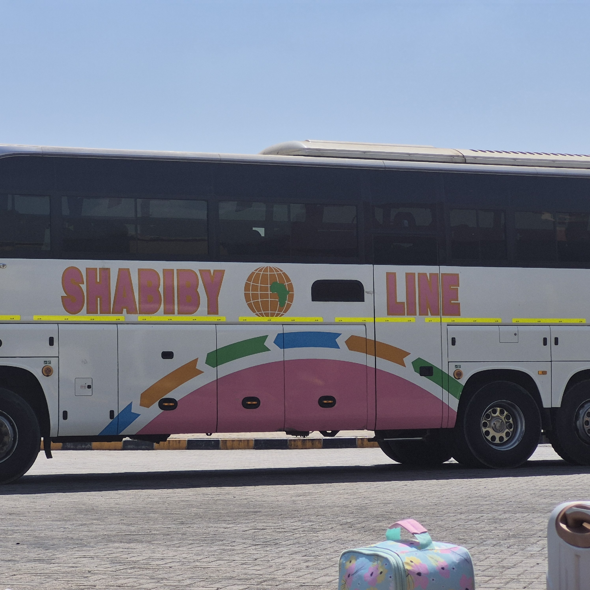 The image shows a white bus with pink lettering that reads "SHABIDY LINE" and a globe emblem with Africa depicted on it. The bus is parked on a paved surface. In the foreground, a colorful patterned suitcase is visible. The bus features a large pink and orange graphic design along its side. The sky is clear and blue. The bus appears to be in a transportation hub or a parking lot in Dodoma, Tanzania.