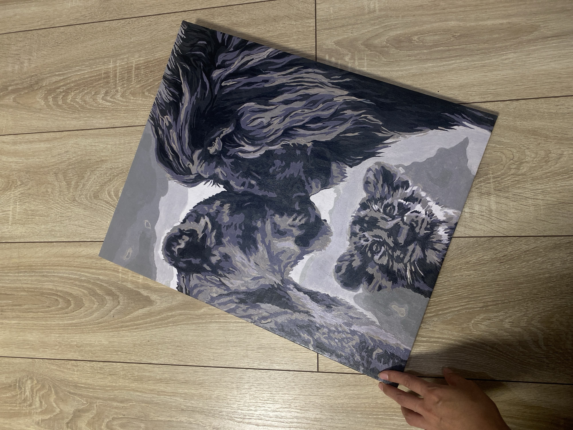 The image shows a painting of three wolves resting on a light brown wooden floor. A hand is holding the bottom corner of the painting. The scene is indoors. There is no discernible connection to the city of Vysokoye, Russia.