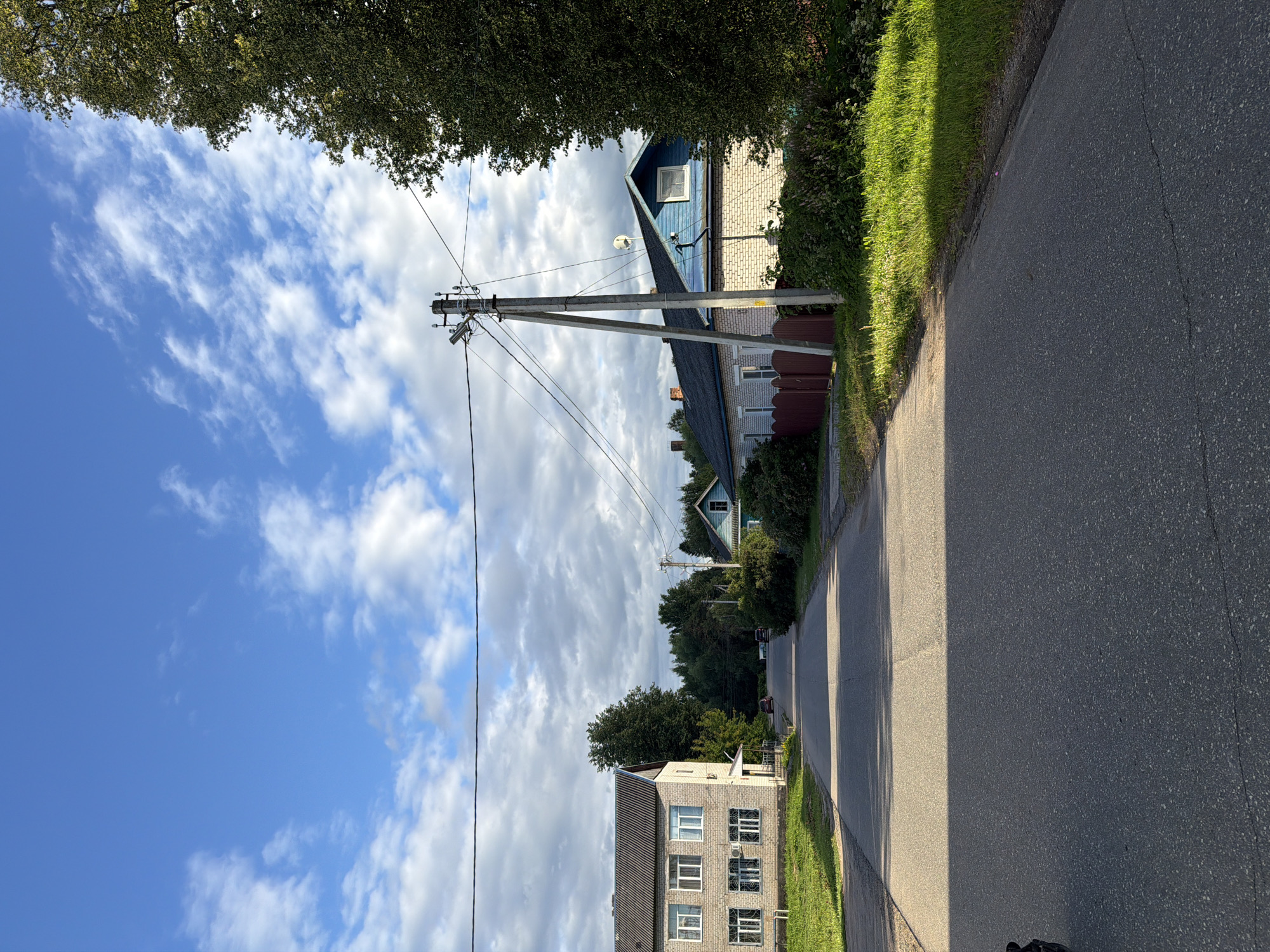 The image depicts a street scene in Moshenskoe, Russia, on a bright, partly cloudy day. The camera angle is vertical, looking upwards from a low vantage point. A paved road runs from the foreground into the distance, bordered on the left by a strip of green grass and then a row of houses.
The houses are varied in style. The closest building to the right is a multi-story, light-colored brick structure with multiple windows. Further down the street, a darker blue house with a pitched roof is visible, partially obscured by trees. A wooden fence runs along the property line of some of the houses.
A tall utility pole with wires is a prominent feature in the middle ground, suggesting the presence of electricity and communication infrastructure. Overhead, a canopy of green leaves from a large tree frames the top of the image.
The sky is a vibrant blue with scattered white and grey clouds, indicating fair weather with some atmospheric activity. The sunlight casts distinct shadows across the road and grass, suggesting it is likely daytime, perhaps late morning or early afternoon. There are no people visible in the frame. The scene appears to be a quiet residential area. No text is visible in the image.
