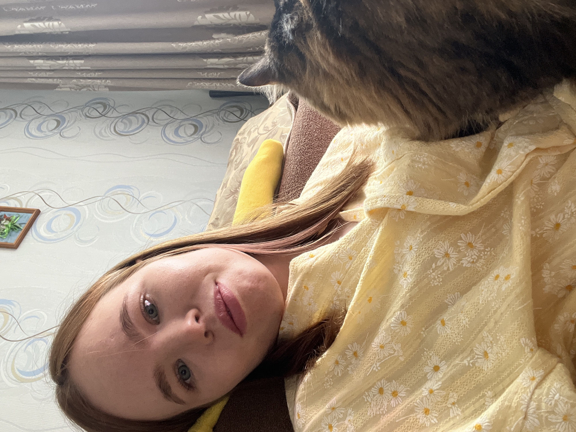 A selfie shows a young woman lying down, with a cat positioned close to her. The woman has light skin, light eyes, and light brown hair. She is wearing a yellow shirt with a white floral pattern. A yellow object, possibly a pillow, is also visible. The cat is mostly brown and fuzzy. The background includes a wall with a patterned design and molding near the top. A framed picture hangs on the wall. The location is Chaikovsky, Russia.