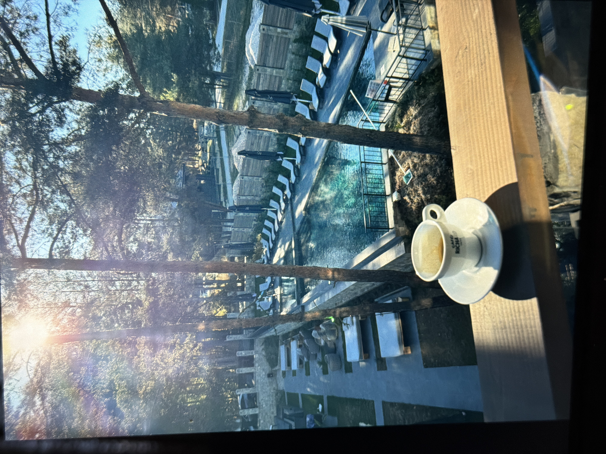 A partially-consumed cup of coffee sits on a wooden support structure, the saucer beneath it. The cup has writing on it, the words "CAFFE RICHA" are visible. Beyond the support, an outdoor scene unfolds. Visible elements include rows of covered lounge chairs, a tree-lined path, and a body of water. The location is near the Flora Burgas in Burgas, Bulgaria.