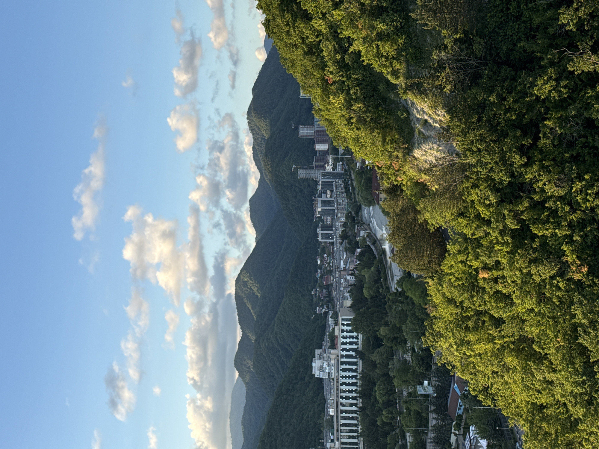 The image captures a scenic view of the city of Nebug, Russia, nestled amidst lush green mountains under a partly cloudy sky. The foreground is dominated by a dense canopy of vibrant green trees, with sunlight filtering through, highlighting patches of rock and foliage. In the middle ground, a river flows through the urban landscape, bordered by buildings of varying heights and architectural styles. A prominent, long white building with a dark-paneled facade stands out on the left, its windows reflecting the sky. Further into the city, modern high-rise buildings, some appearing to be under construction with cranes visible, punctuate the skyline. The background is a series of rolling, forested mountains, their peaks fading into the distance. The overall atmosphere is serene and picturesque, showcasing the harmonious coexistence of nature and urban development. There are no people or animals visible in the frame.