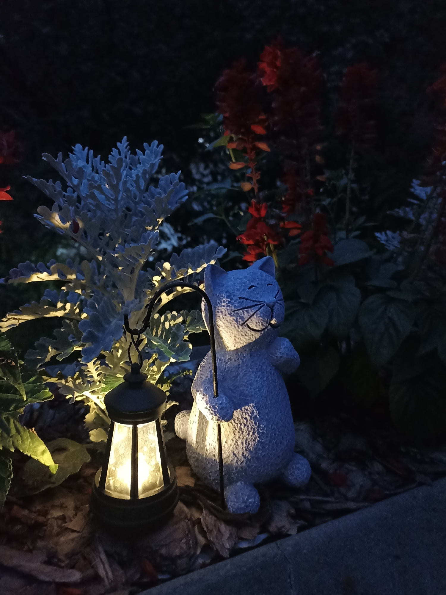 The image depicts a garden scene at night, likely in the city of Mochische, Russia. A white, textured ceramic cat statue stands to the right of a black, decorative lantern. The cat is facing forward, with its head slightly tilted and a stylized smile. It appears to be holding a thin, dark rod with its paws. The lantern is illuminated from within, casting a warm, yellow light on the cat and the surrounding foliage.
The background is dark and out of focus, but hints of red flowers and silvery-blue foliage are visible. The ground is covered with mulch and fallen leaves. The overall impression is one of a charming, dimly lit garden decoration. No people are present in the scene.