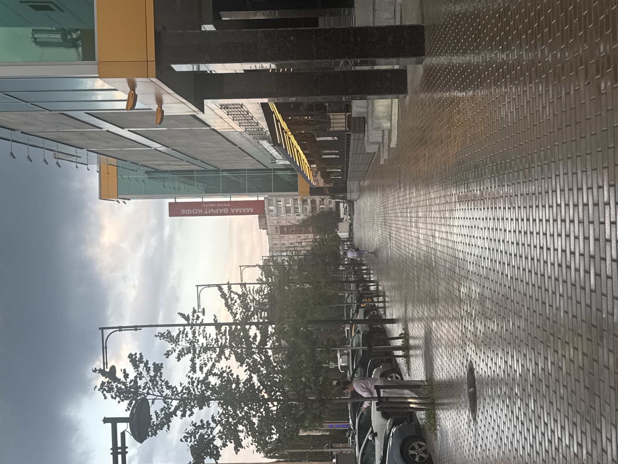 This is a street-level, outdoor, eye-level, full-shot photograph taken in the city of Ufa, Russia, under a cloudy sky. The image depicts a paved pedestrian walkway lined with trees and parked cars. On the right side of the walkway is a modern building with large glass windows and yellow and gray accents. The building has an awning with yellow lights illuminating an outdoor seating area. A red banner with white Cyrillic text is visible on the left side of the building. The pedestrian walkway is made of brick pavers and appears wet, reflecting the overhead lights and sky. Several cars are parked along the left side of the walkway. Two people are visible: one individual in the foreground, standing near the parked cars, wearing a light-colored top and striped pants, and another individual walking away from the camera further down the walkway. The overall atmosphere suggests an overcast day, possibly after rain.