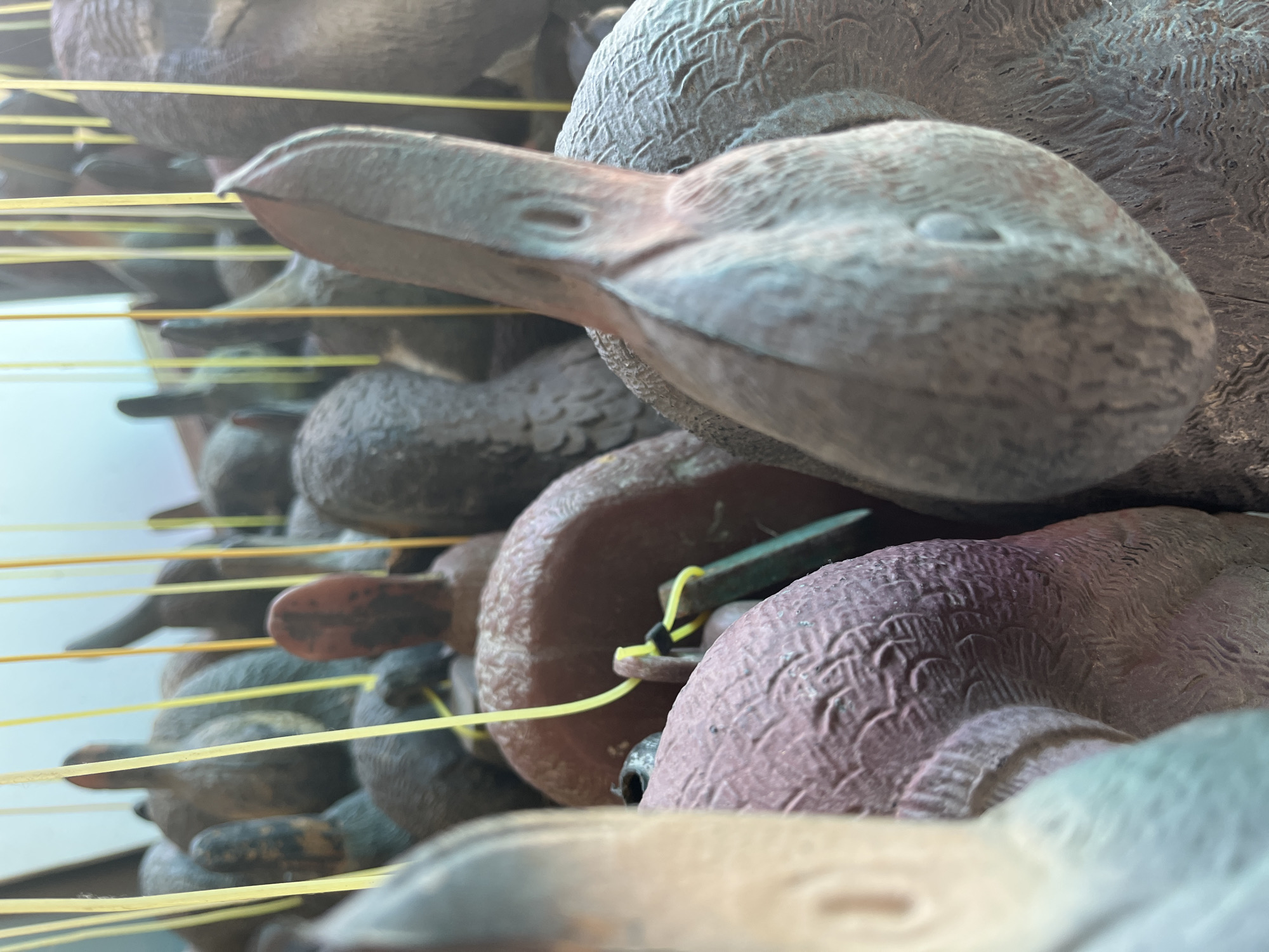 The image displays a close-up, shallow-depth-of-field view of a collection of decoy ducks. The ducks are primarily in shades of brown, gray, and muted purple, with textured surfaces simulating feathers. Yellow strings, likely for hanging or rigging the decoys, are visible throughout the frame, crisscrossing and partially obscuring the subjects. In the foreground, a light-colored, blurry object, possibly another decoy or part of the surrounding environment, is out of focus. One duck in the mid-ground features a red-brown head and body, with a yellow string attached via a black fastener to a metal loop. The background is a soft blur of more decoys and possibly a light-colored wall or surface. The image appears to be taken indoors, with no specific environmental details suggesting the city of Krasnyye Barrikady, Russia.