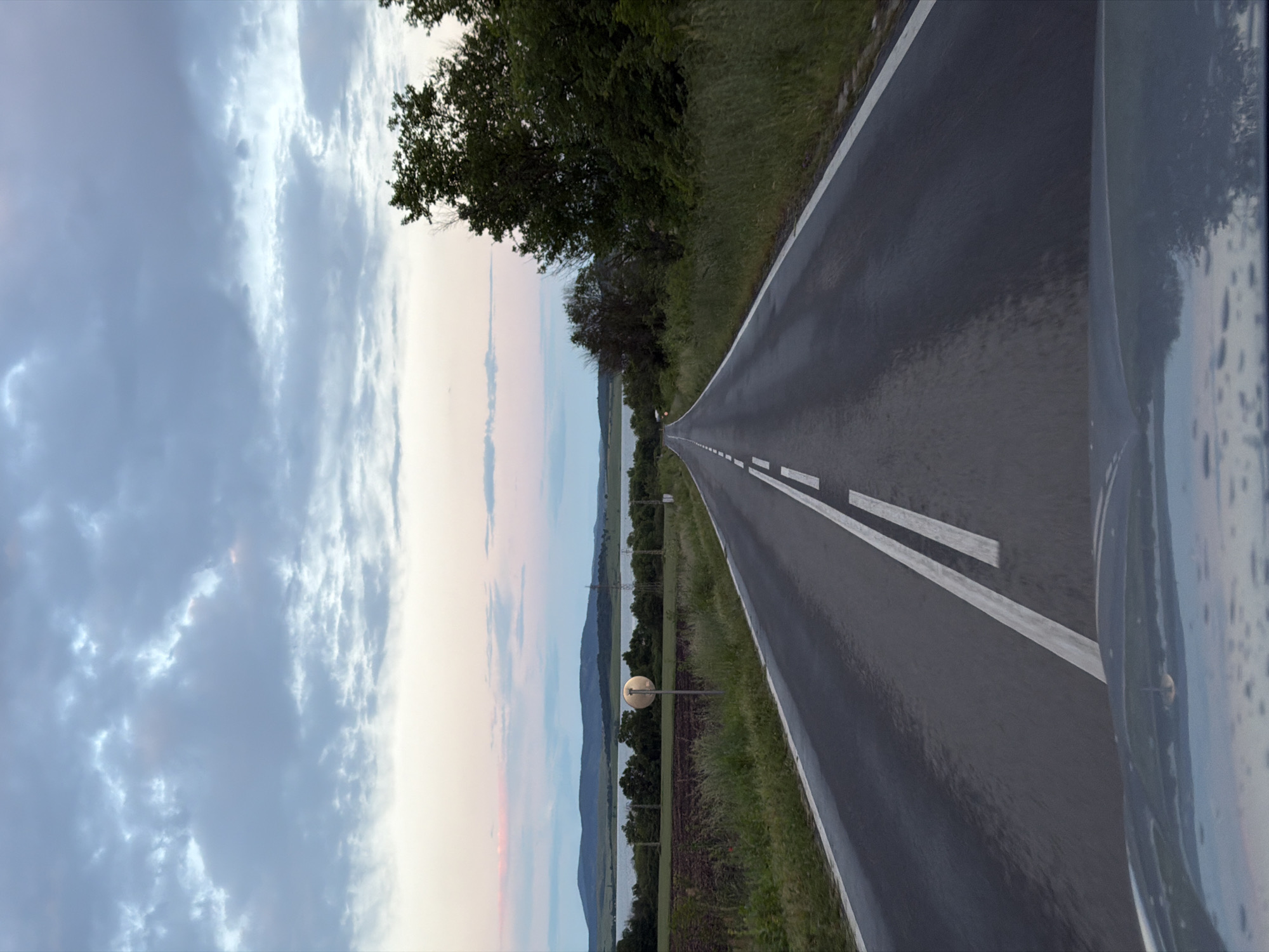 A vertical orientation image shows a road in Cherni Vrah, Bulgaria. The asphalt road is wet and features two white parallel lines. Adjacent to the road is green vegetation and trees. In the distance, a body of water and mountains are visible, partially obscured by trees and a round road reflector. The sky on the left side of the frame features clouds and a pinkish hue. The right side of the frame appears to show a portion of a vehicle's reflective surface with water droplets.