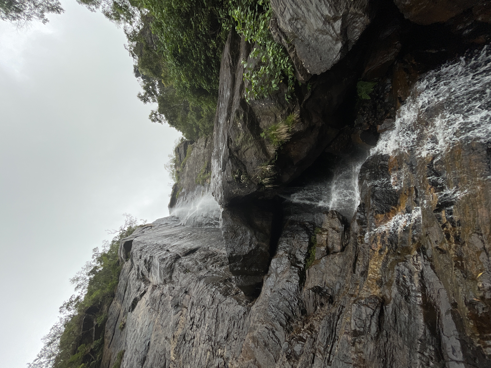 This is a low-angle view of Lover's Leap Falls in Nuwara Eliya, Sri Lanka. The image focuses on the dark, wet rock face of the cliff over which the waterfall cascades. Water is actively flowing down the rocks, creating a frothy white spray. Vegetation, including trees and vines, grows along the top and sides of the cliff. The sky is overcast and grey.